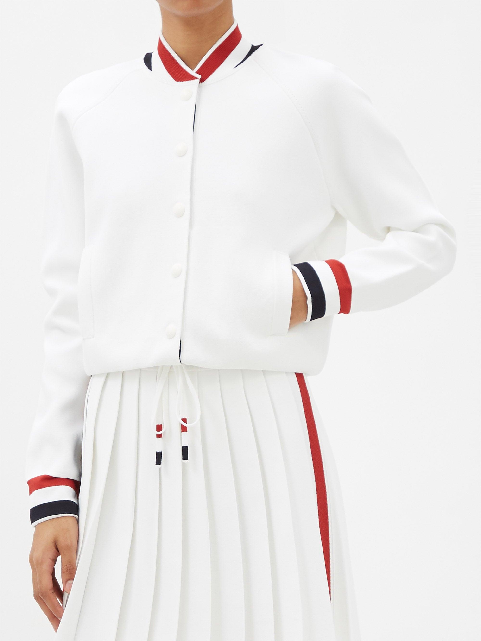 店長おすすめ Thom Browne トリコロールストライプ ニットベースボールジャケット ホワイト 即出荷 ウェア Eservices Alzahra Mun Org