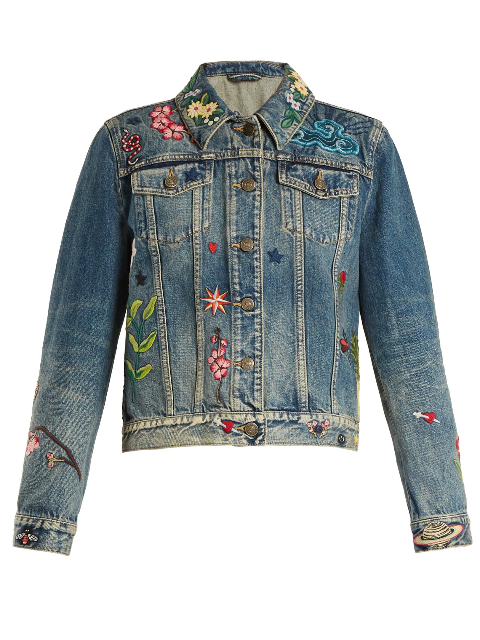 Gucci Floral-embroidered Denim Jacket in Blue | Lyst