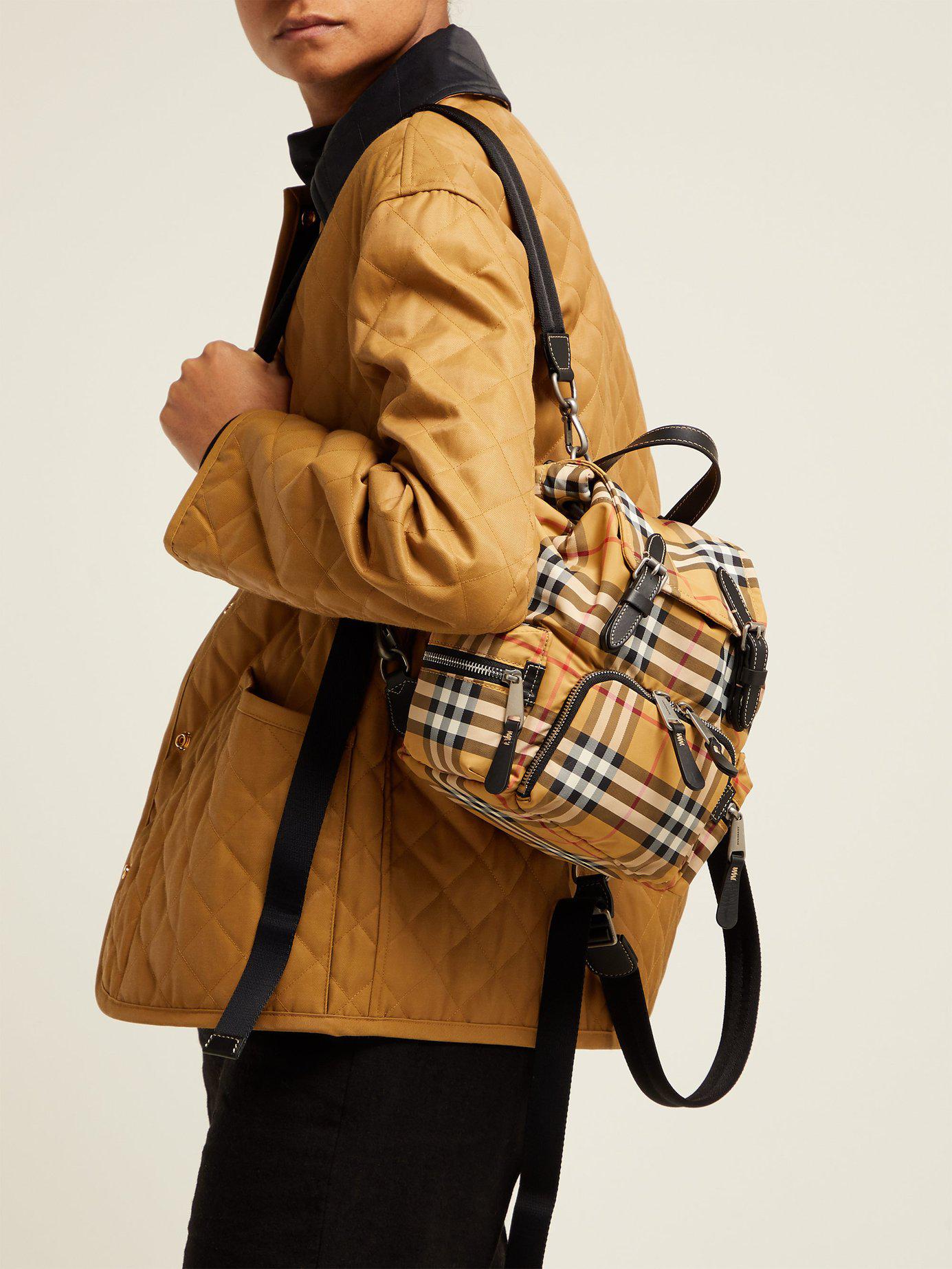 Burberry Leather Camel The Medium Rucksack In Vintage Check Nylon | Lyst