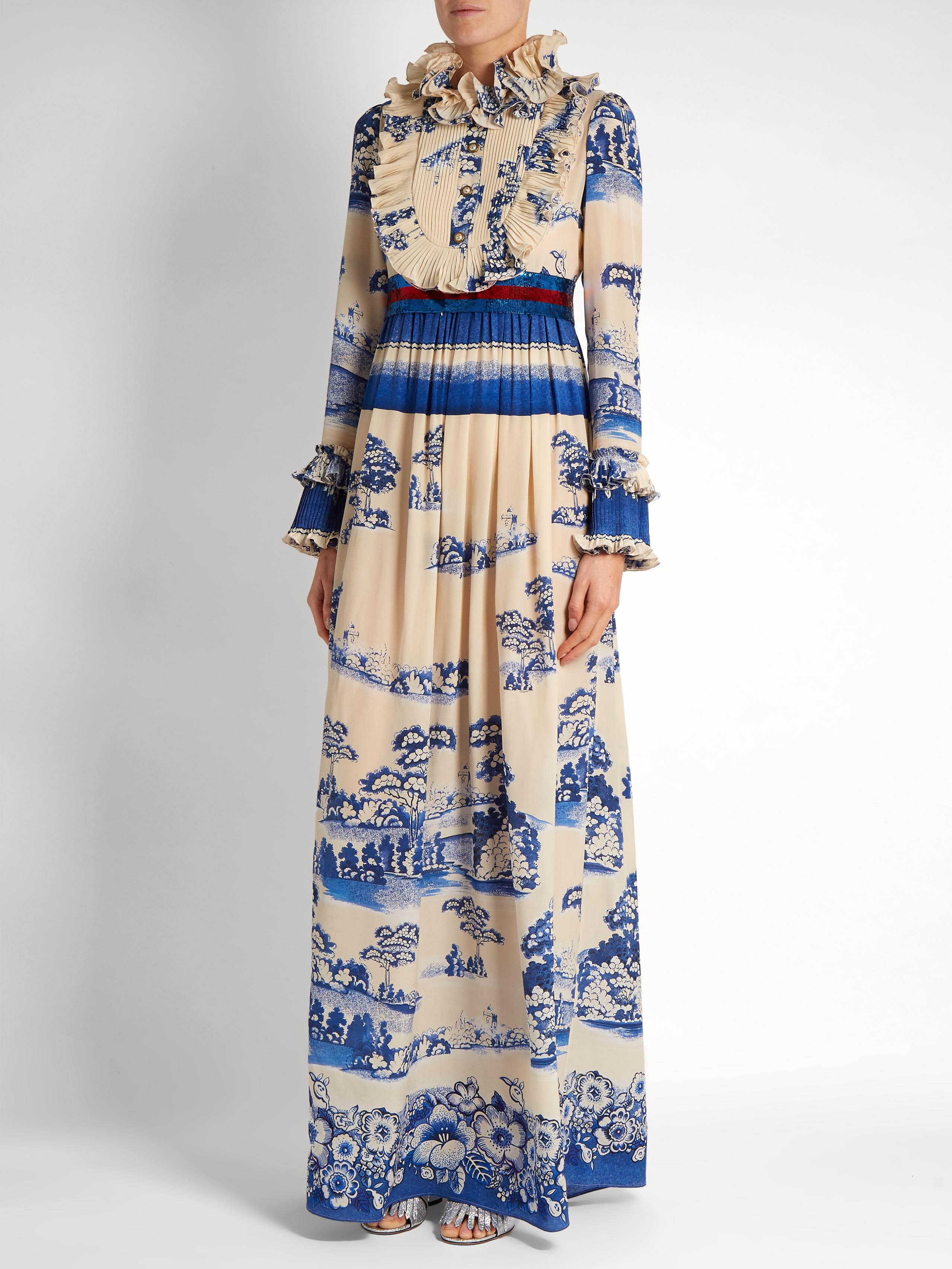 Gucci Porcelain Garden-print Silk Gown in Blue | Lyst