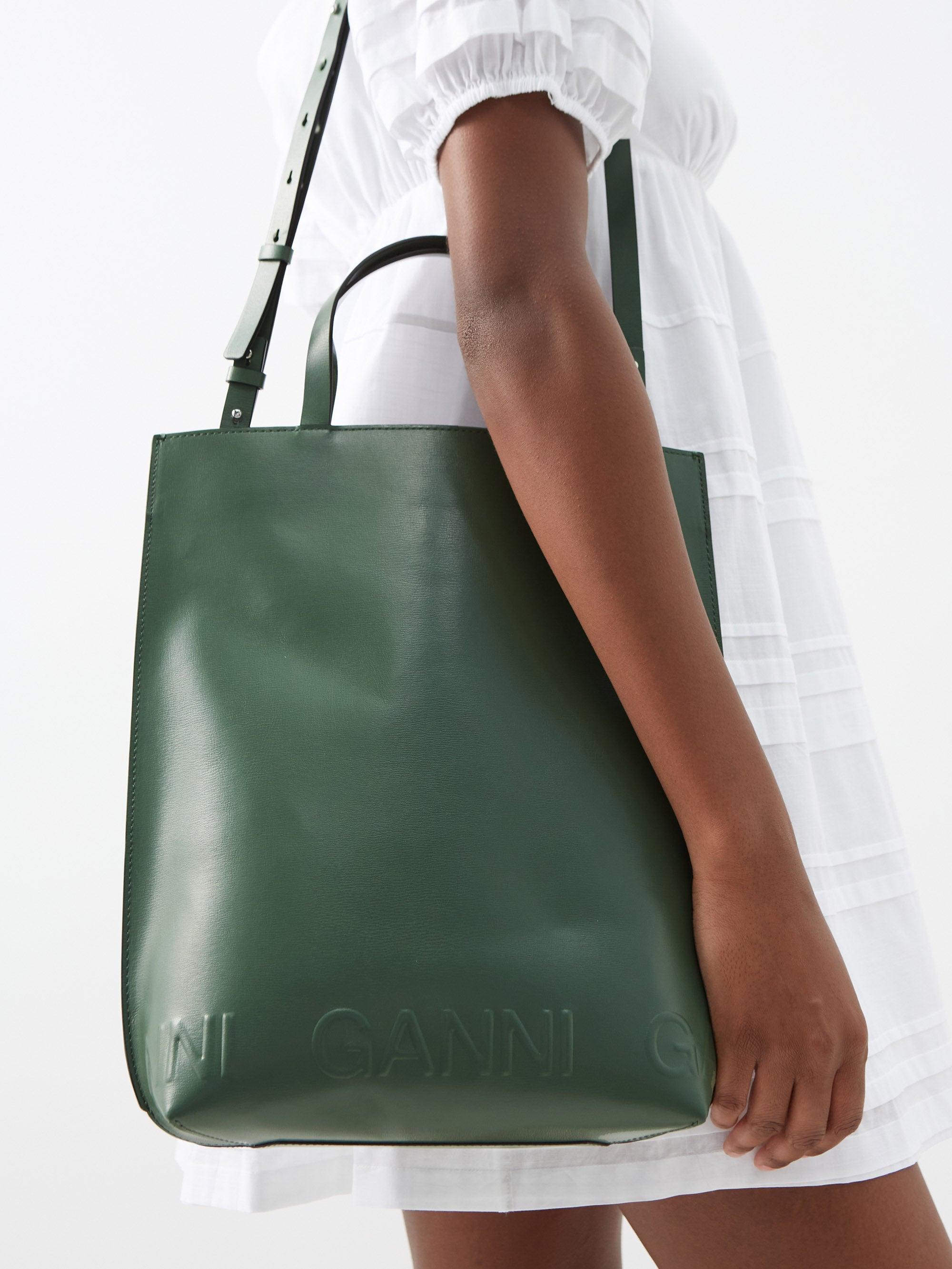 Ganni Banner Logo-embossed Recycled-leather Tote Bag in Khaki 