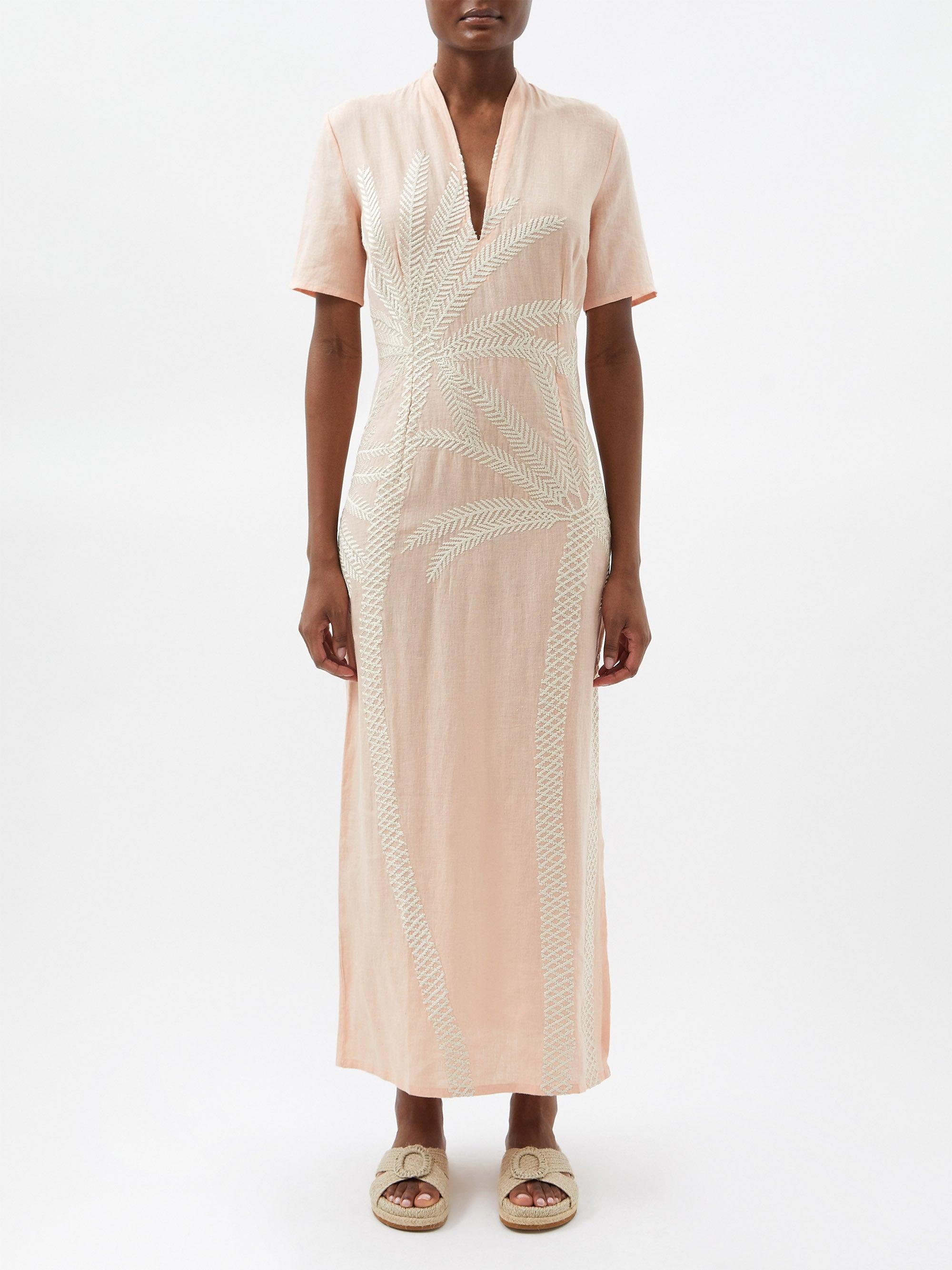 Emporio Sirenuse Fiona Palm Embroidered Cotton Voile Midi Dress In