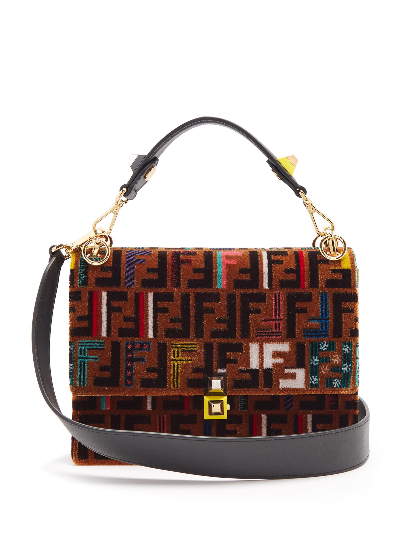 Fendi Kan I Logo-print Velvet Shoulder Bag in Brown | Lyst