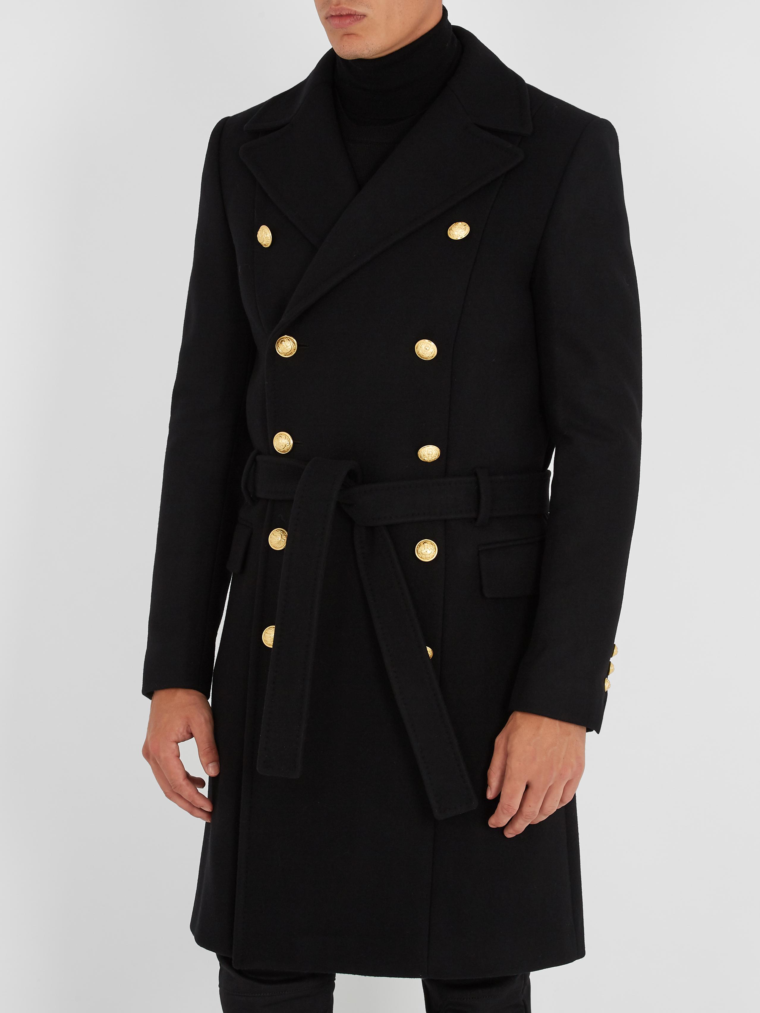 Balmain Double-breasted Wool-blend Military Coat in Black for Men | Lyst UK