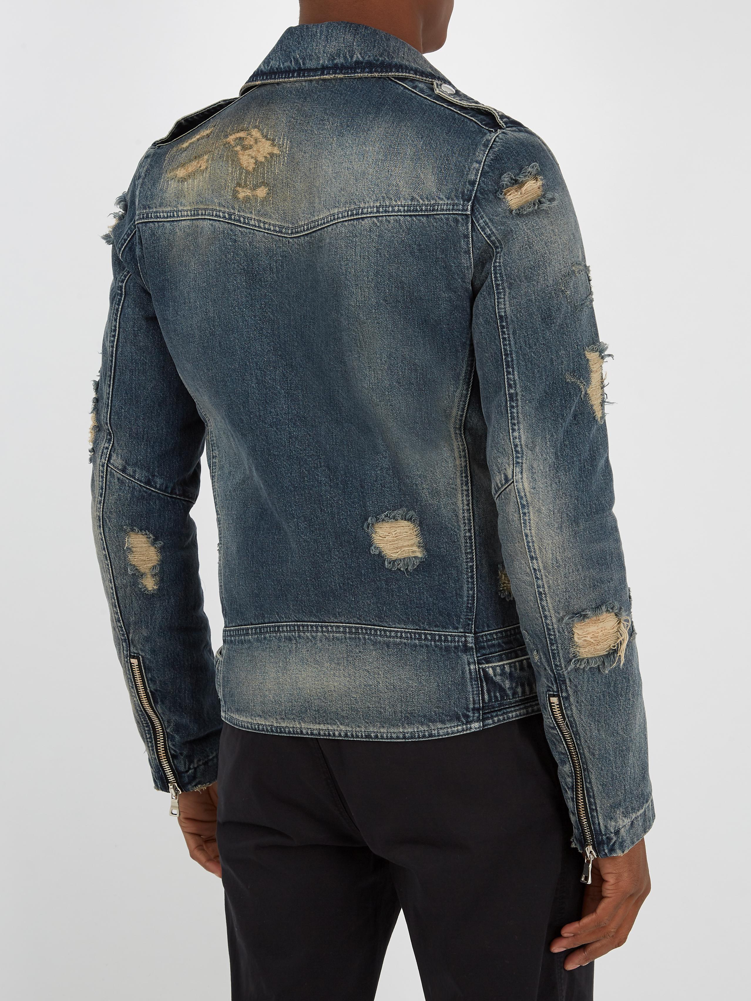 Balmain Distressed Denim Biker Jacket 