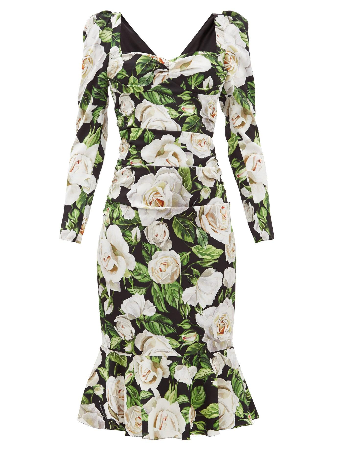 Dolce & Gabbana Rose-print Sweetheart-neck Silk-blend Dress in Green | Lyst