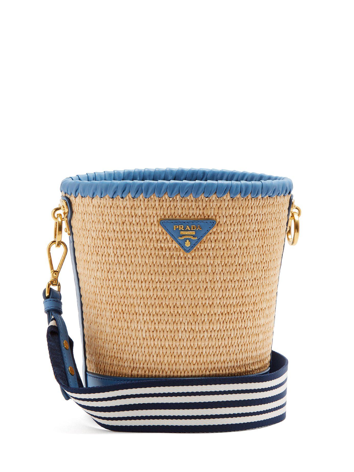 Prada Leather Trimmed Woven Raffia Bucket Bag in Blue