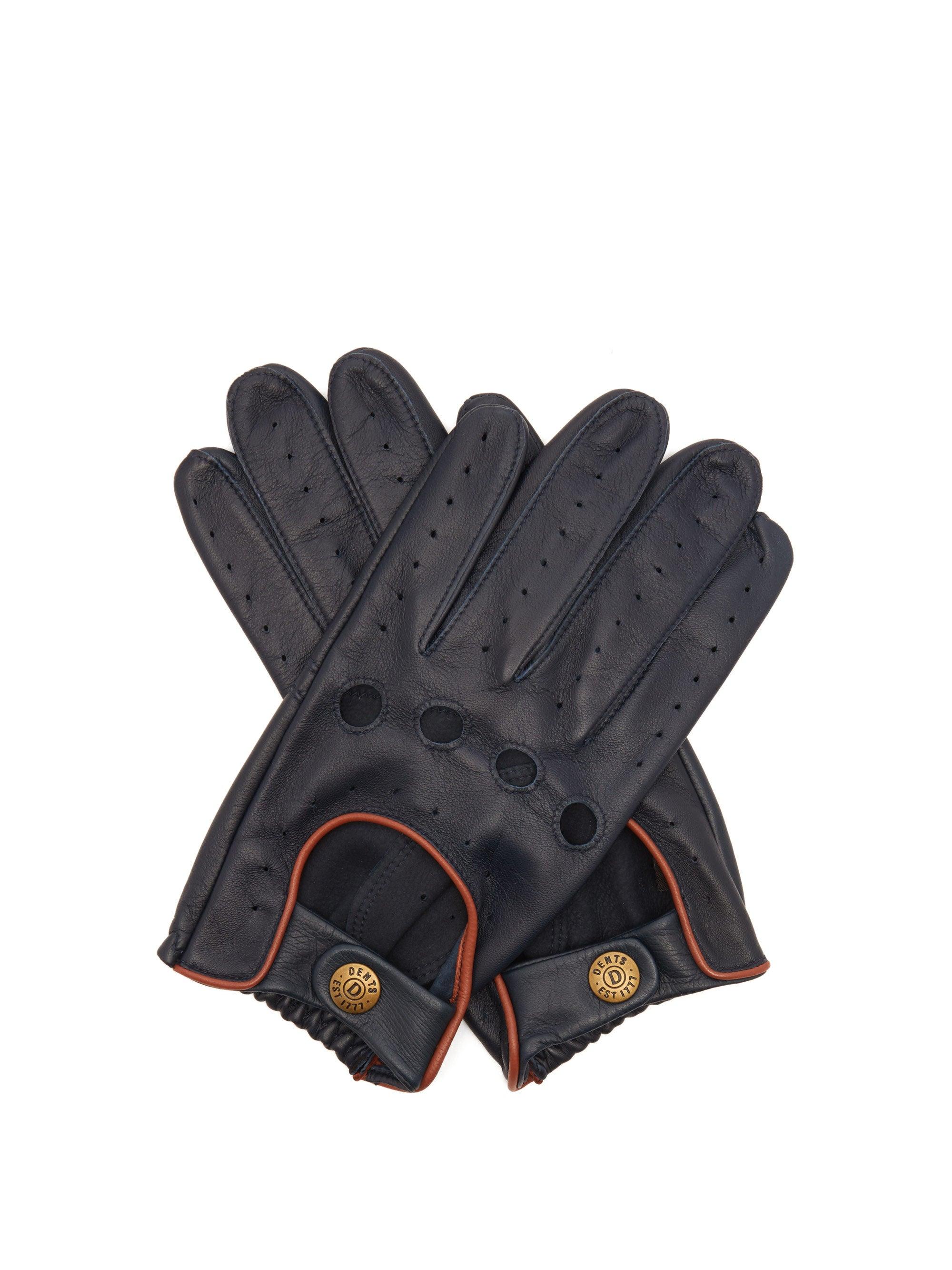 mens blue leather driving gloves