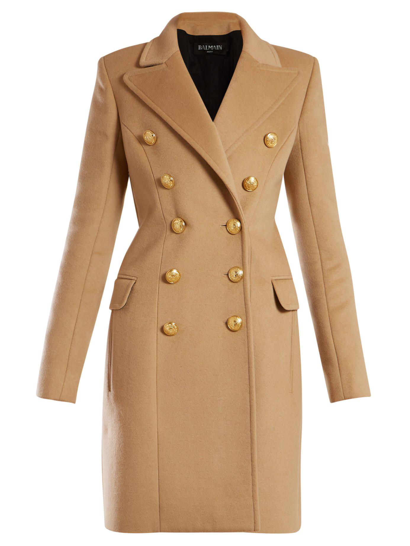 Balmain Double Breasted Wool Coat in Natural | Lyst