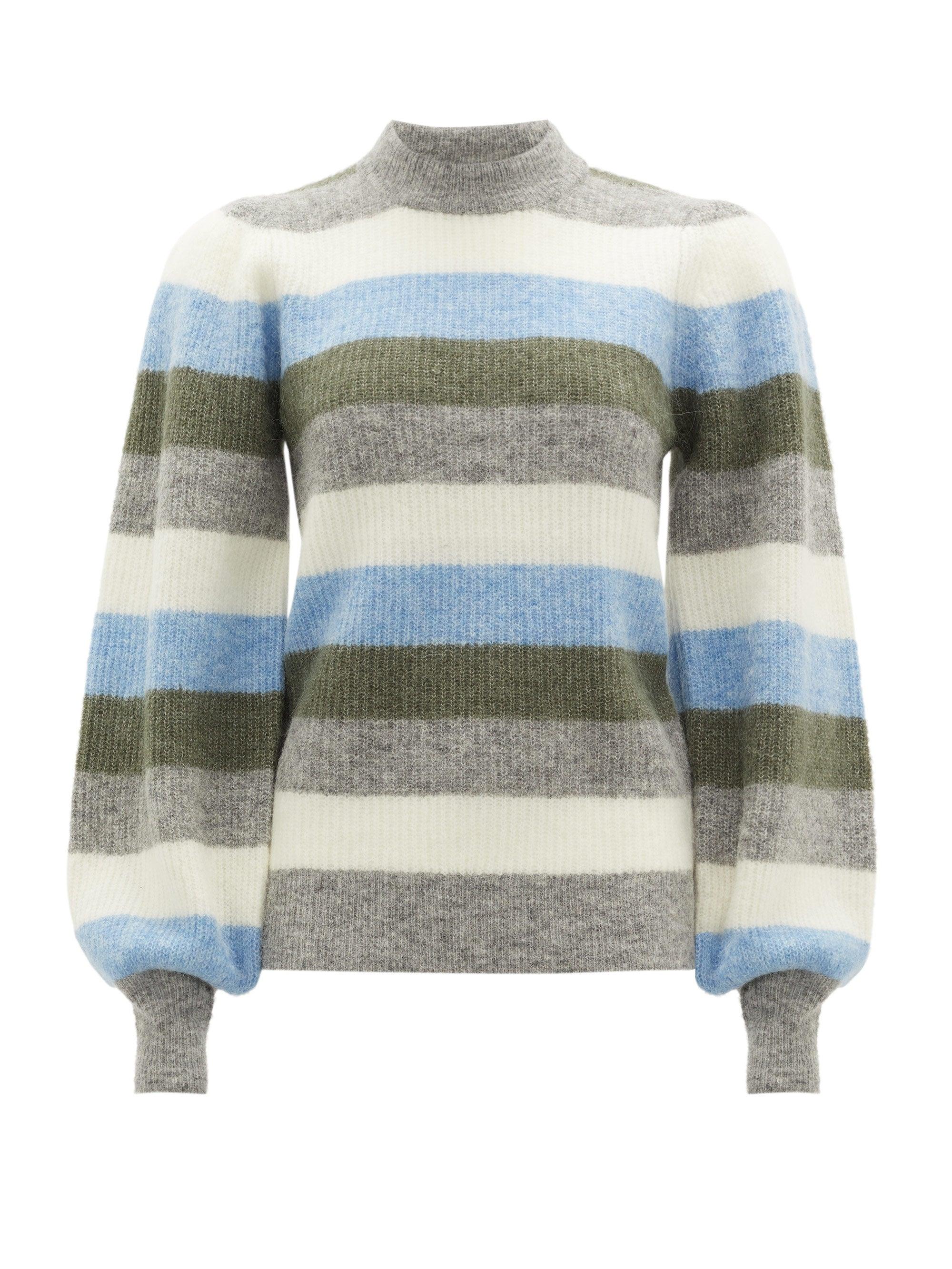 Ganni Denim Balloon-sleeve Striped Wool-blend Sweater in Blue - Lyst