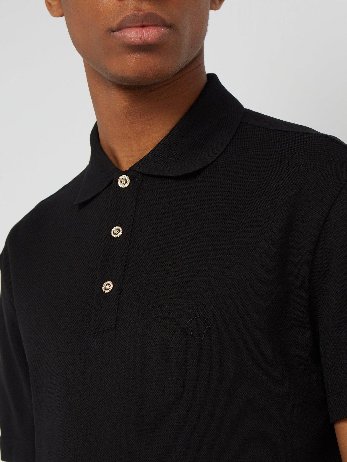 Versace Medusa Crystal Button Cotton Piqué Polo Shirt in Black for Men ...
