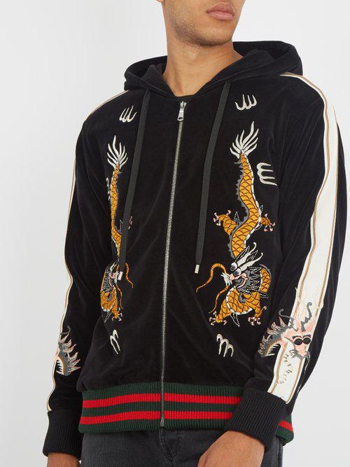 Gucci Dragon-embroidered Hooded Velvet Sweatshirt in Black for Men | Lyst