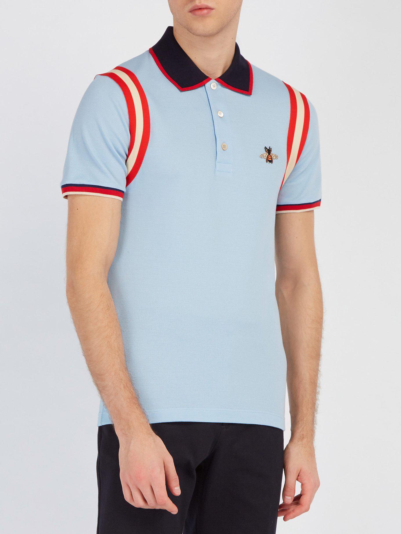 Gucci Bee Embroidered Cotton Piqué Polo Shirt in Blue for Men | Lyst Canada