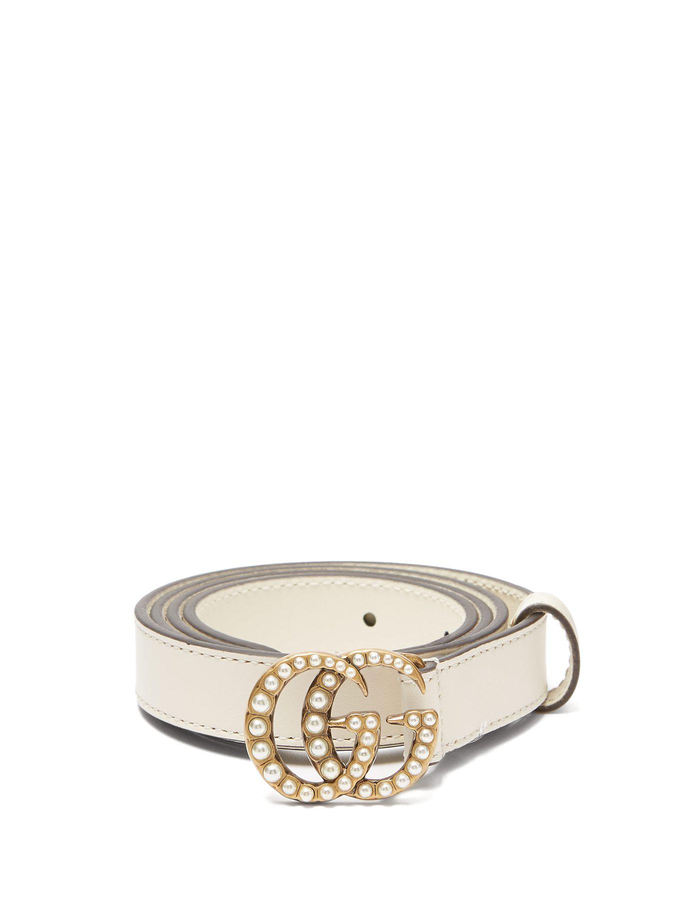 Gucci Faux Pearl Embellished Gg Logo 2cm Leather Belt - Lyst