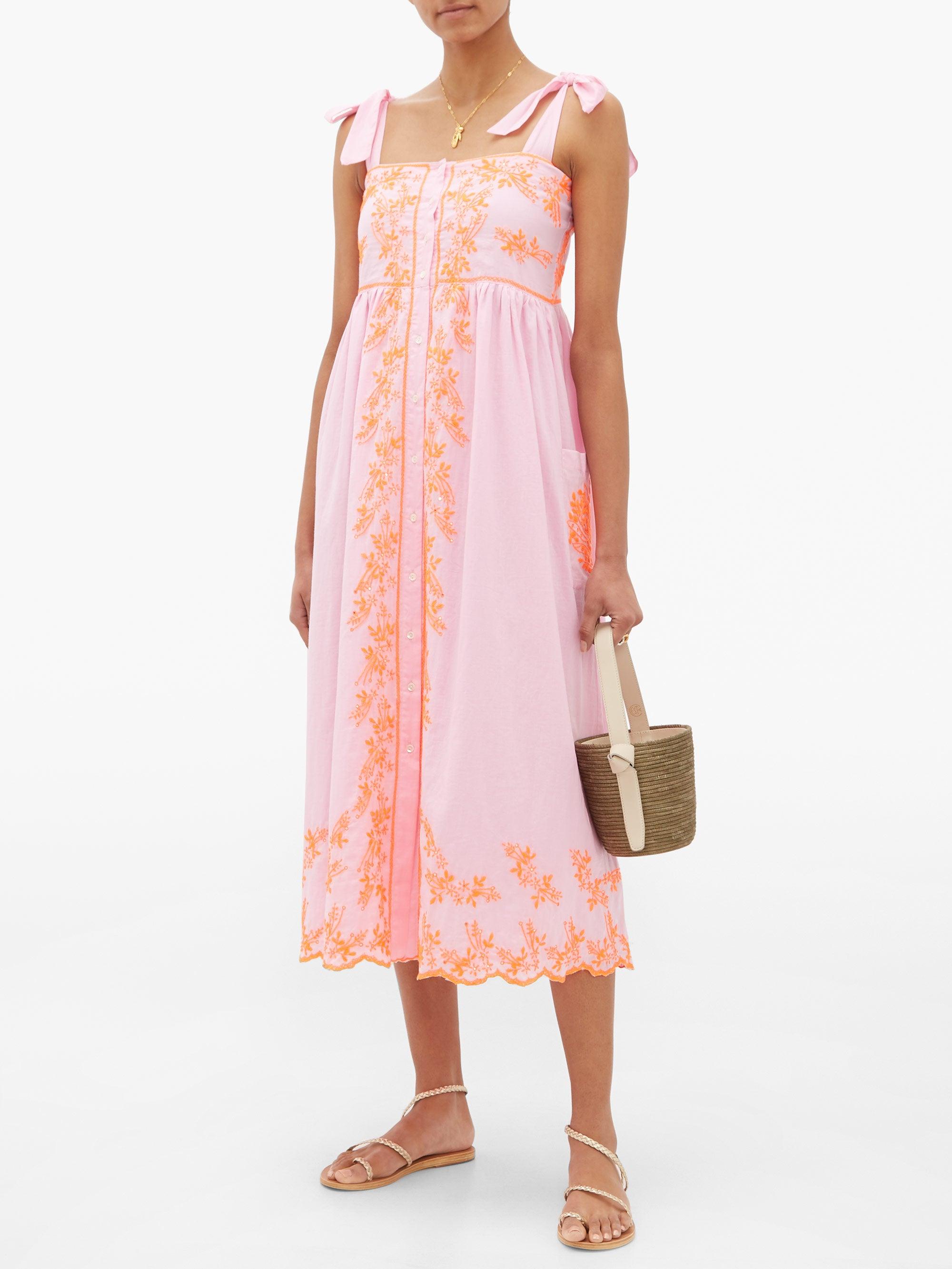 Juliet Dunn Tied-shoulder Mirror-embroidered Cotton Midi Dress in Pink ...