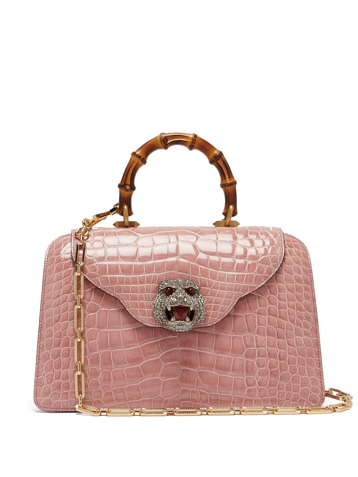 Gucci Bamboo Handle Crocodile Leather Bag in Pink Lyst