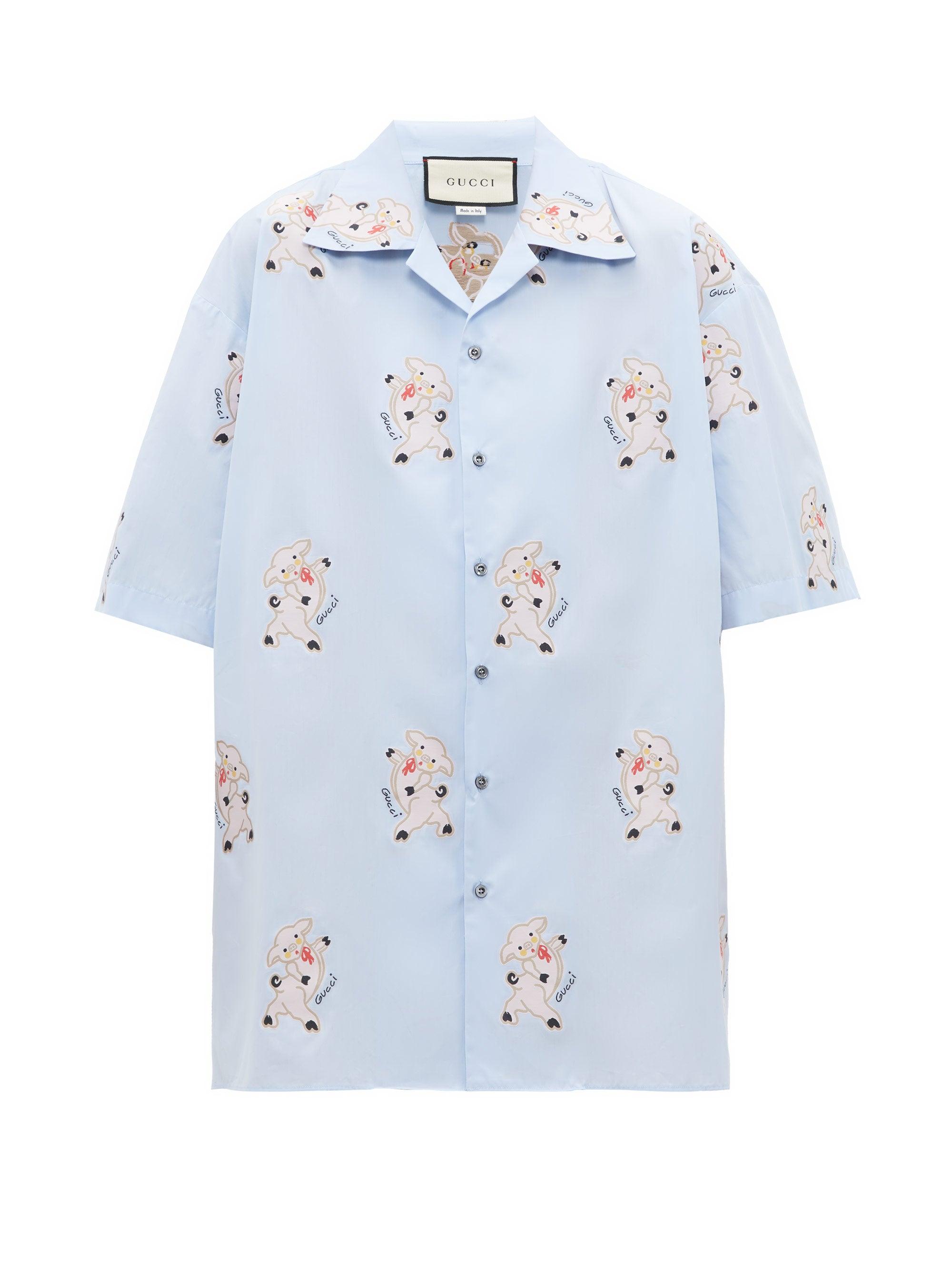 Gucci Pig-embroidered Cotton-poplin Shirt in Blue for Men | Lyst