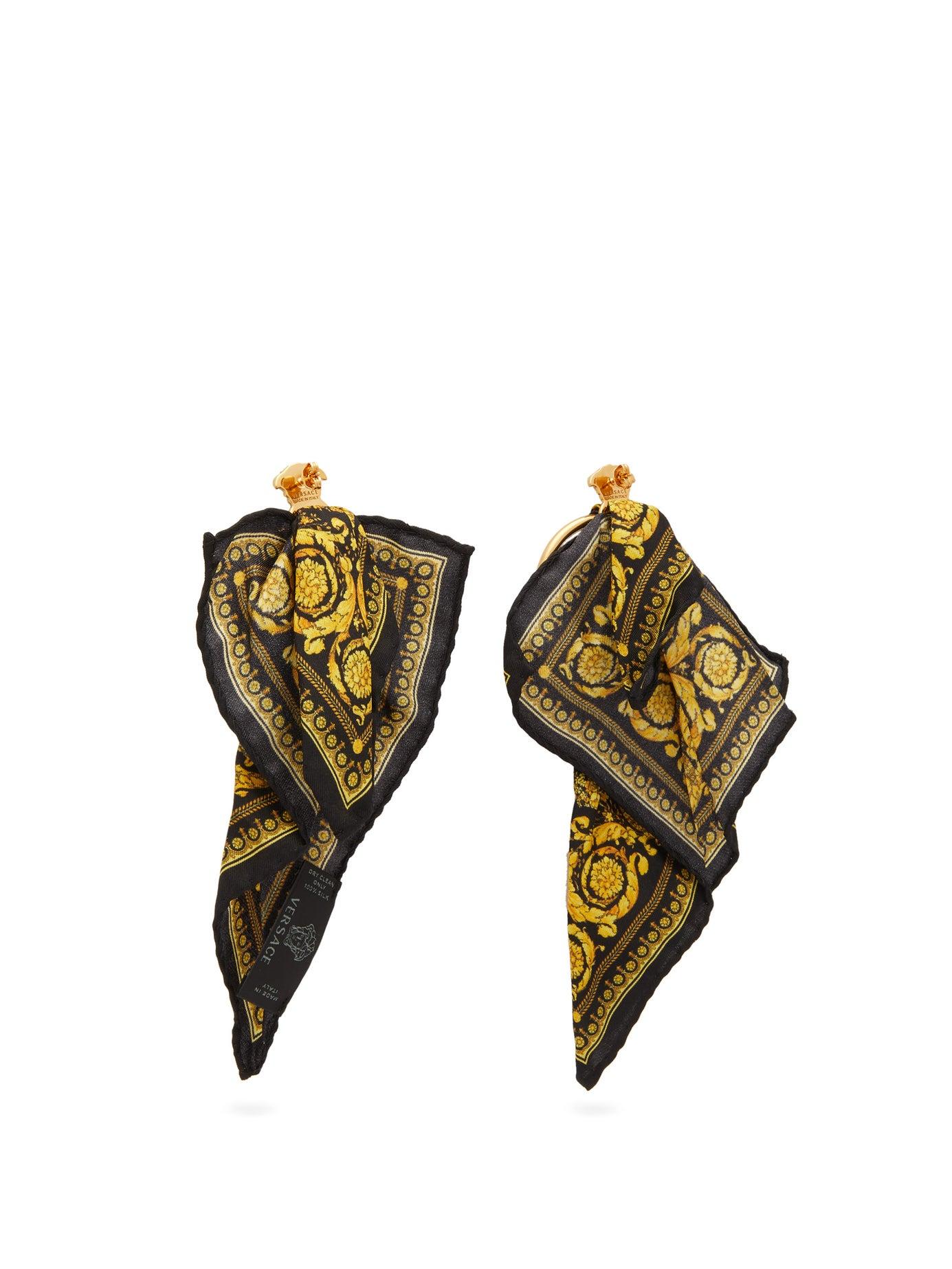 Versace Medusa Head & Baroque Print Silk Scarf Earrings in Gold