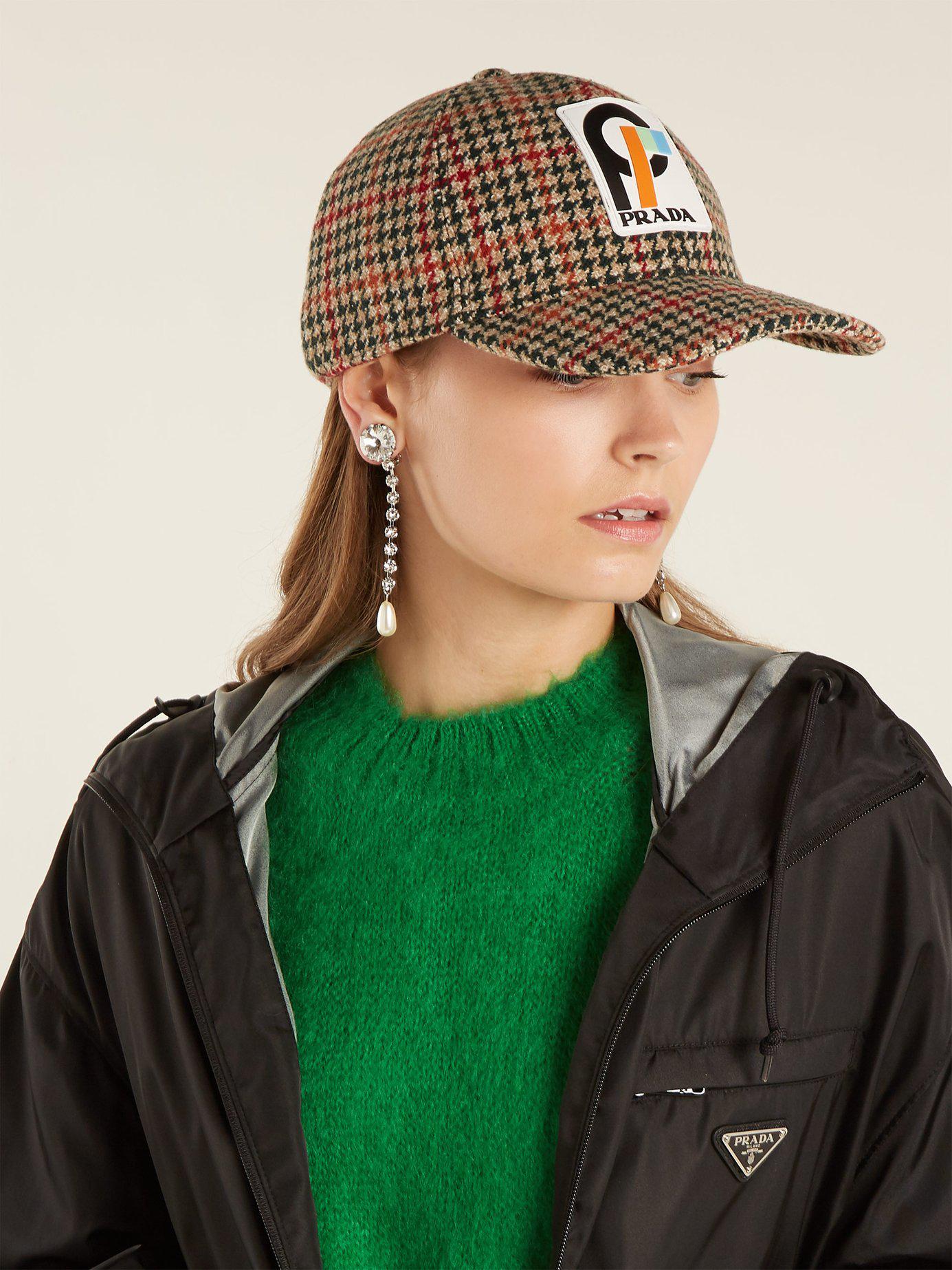 Prada Houndstooth Wool Tweed Cap in 