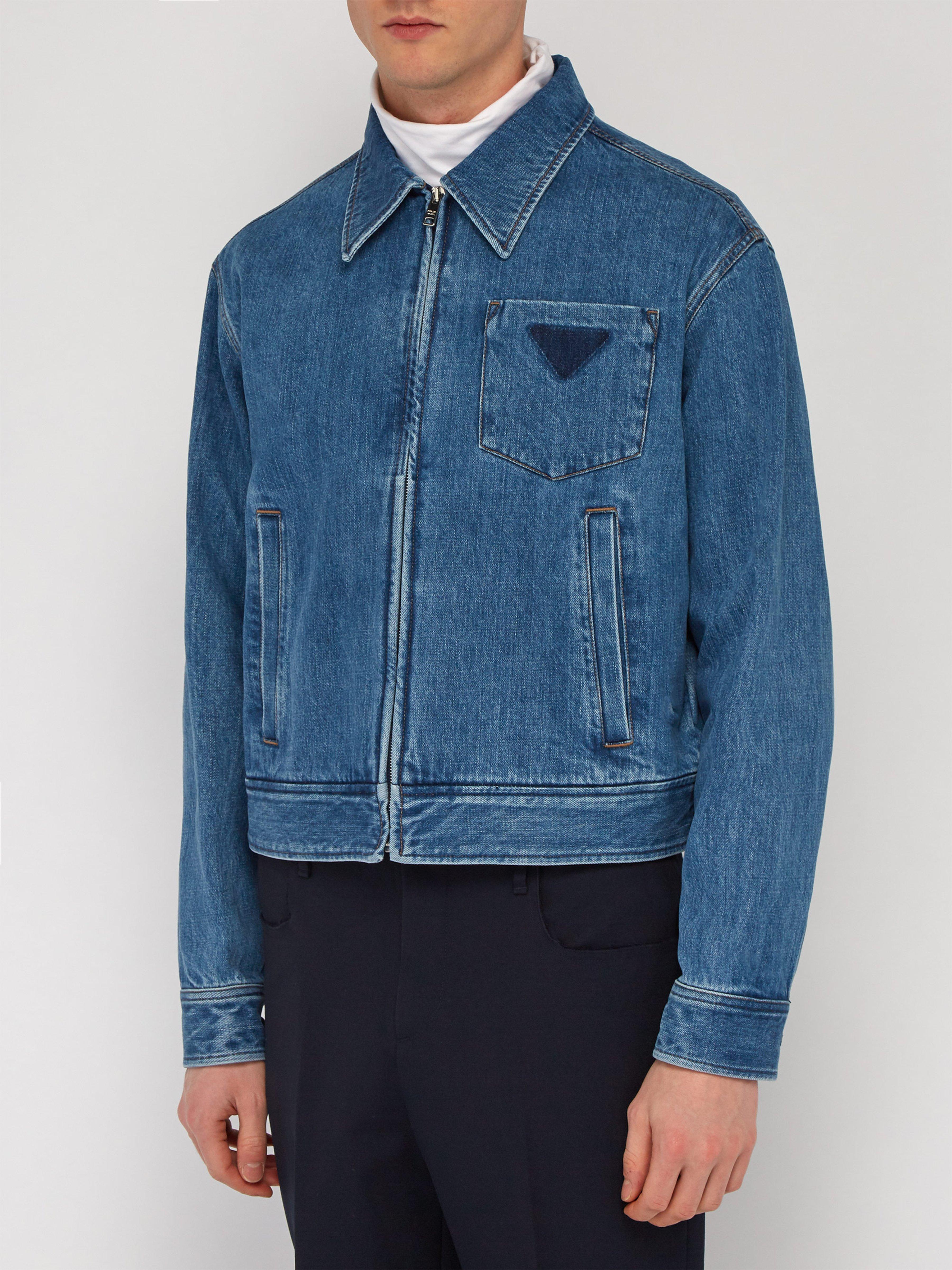 Prada Logo Print Zip Front Denim Jacket 