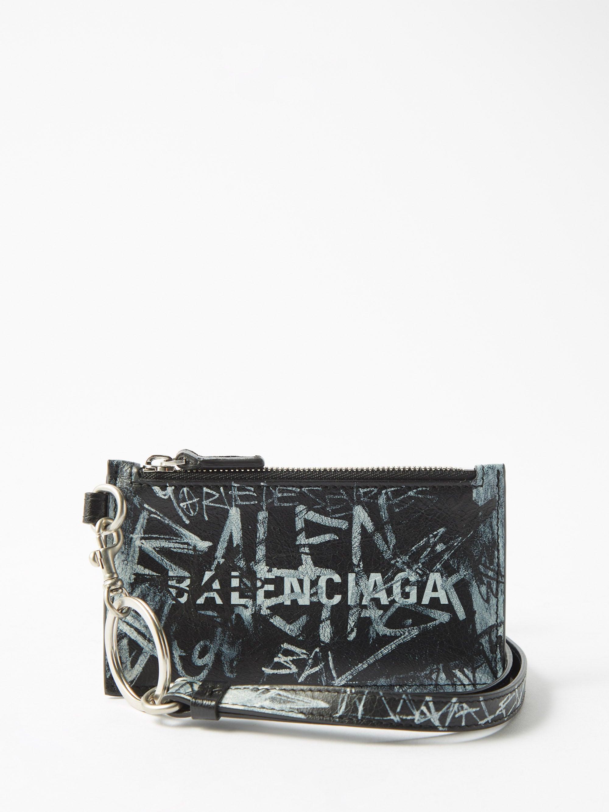 Balenciaga Cash Graffiti-logo Leather Cardholder in Gray for Men | Lyst