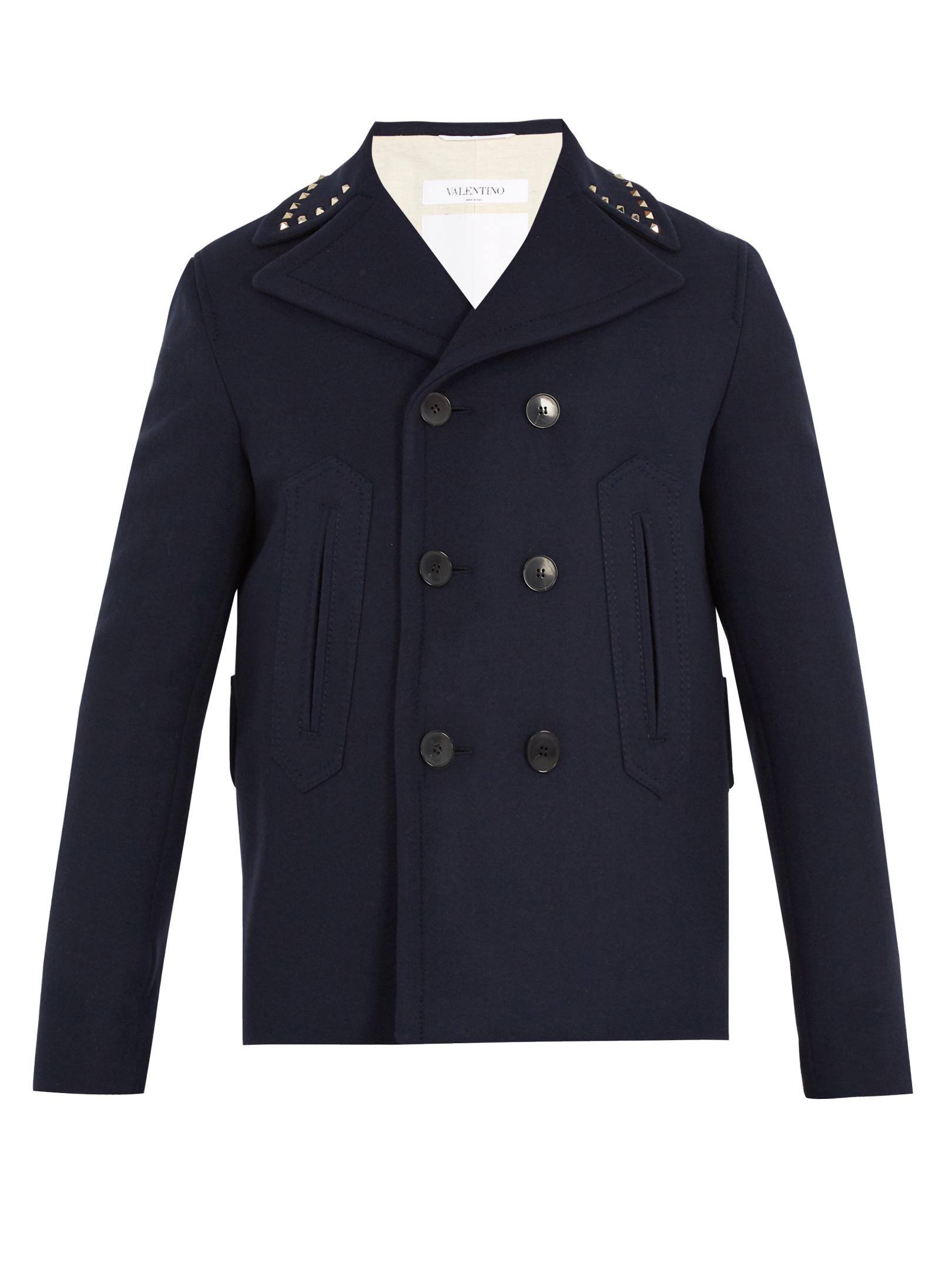Valentino Rockstud Double-breasted Wool Pea Coat Navy for Men - Lyst