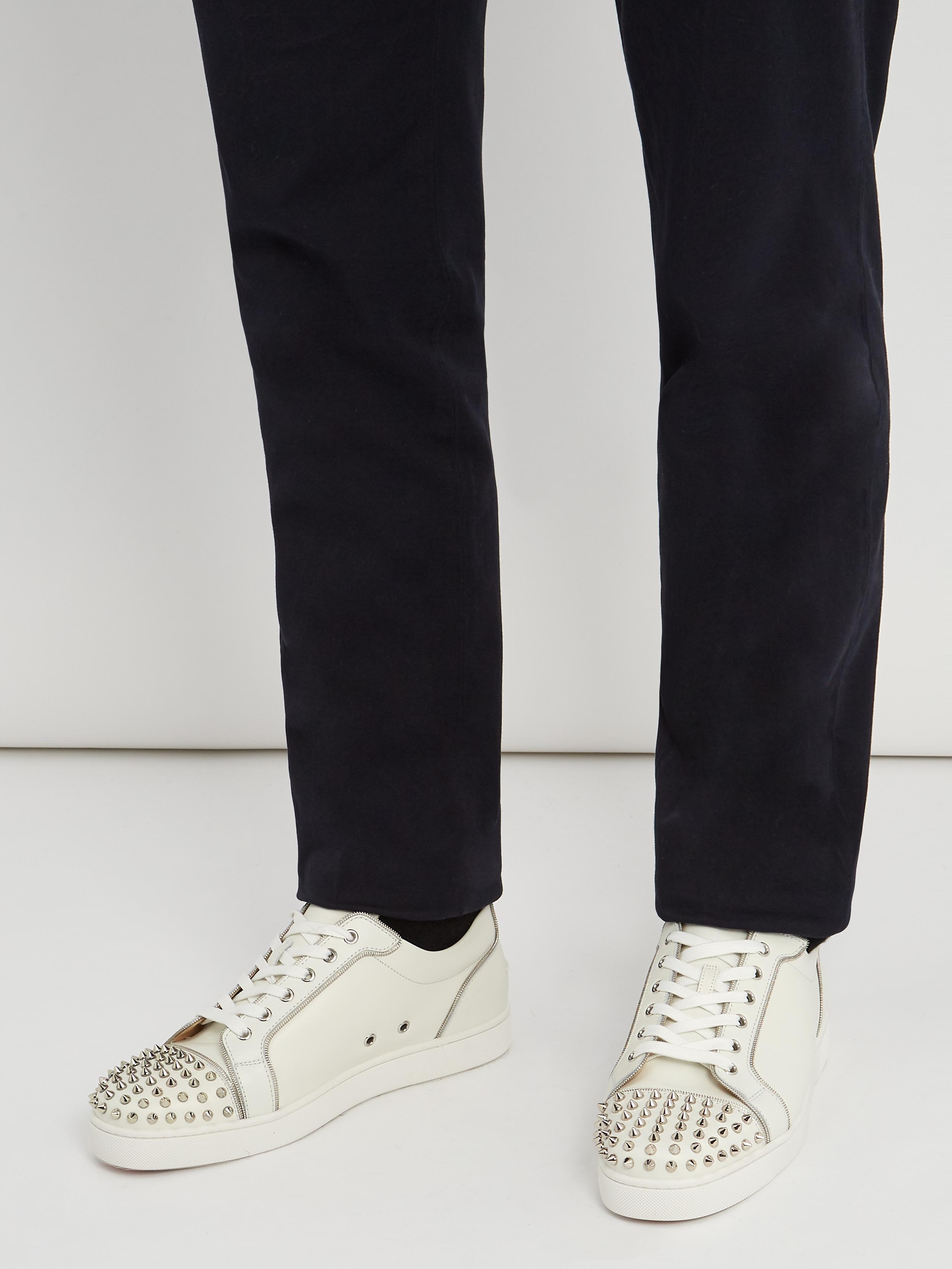 Louboutin Leather Zip Spike-embellished Trainers in White Men - Lyst