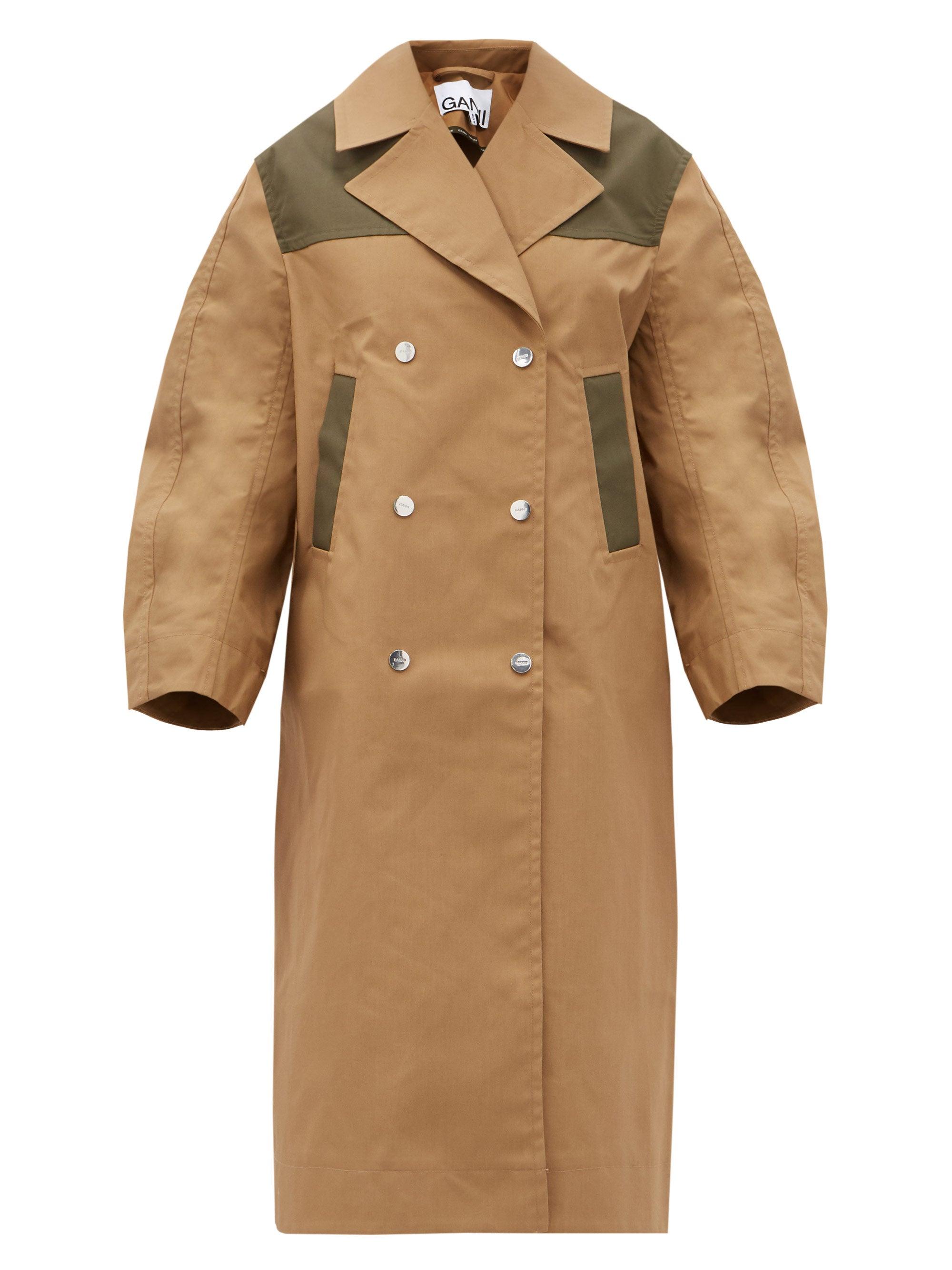 Ganni Double-breasted Cotton-blend Twill Coat in Beige (Natural) - Lyst