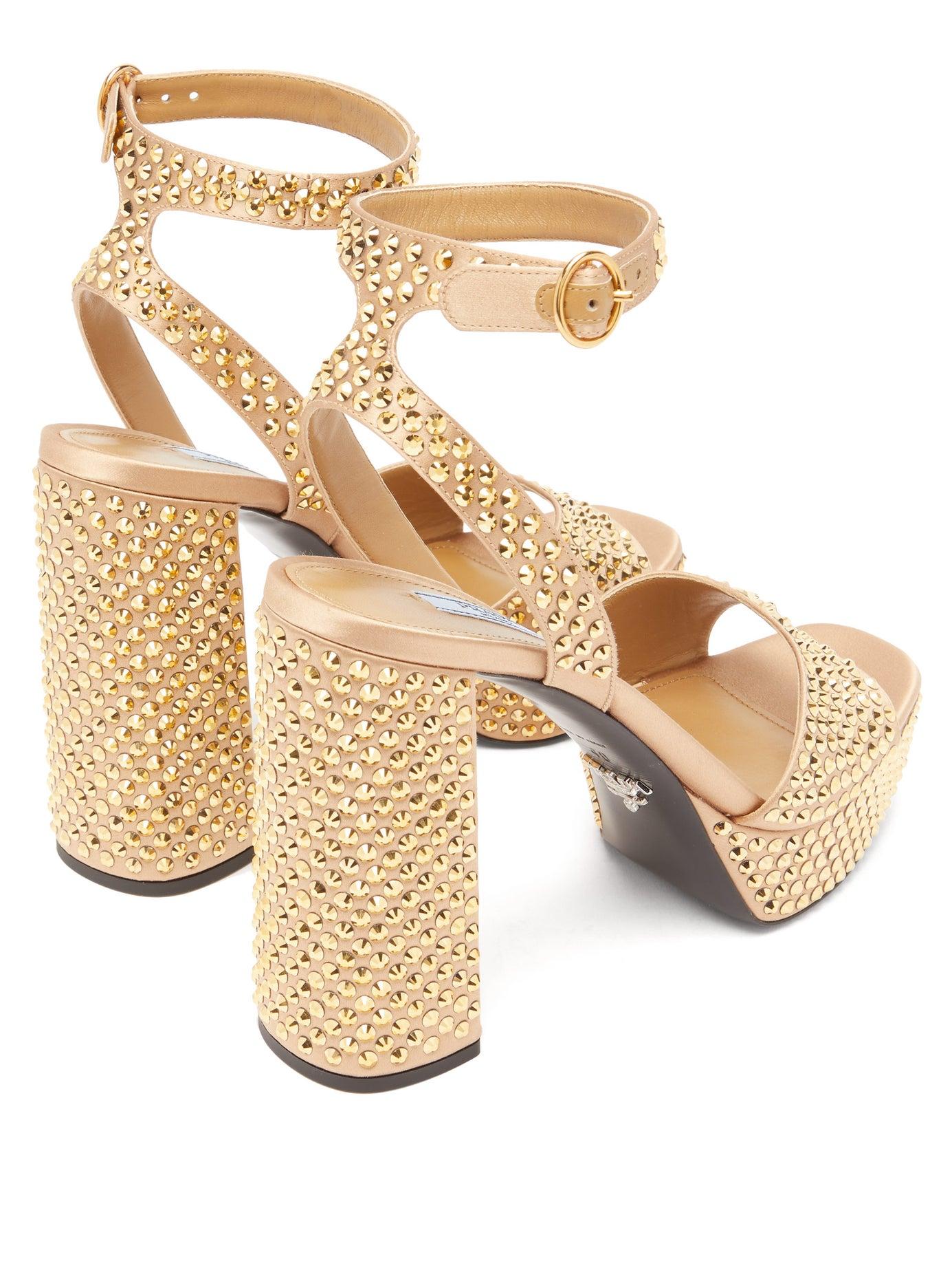 Prada Crystal-embellished Satin Platform Sandals in Metallic | Lyst