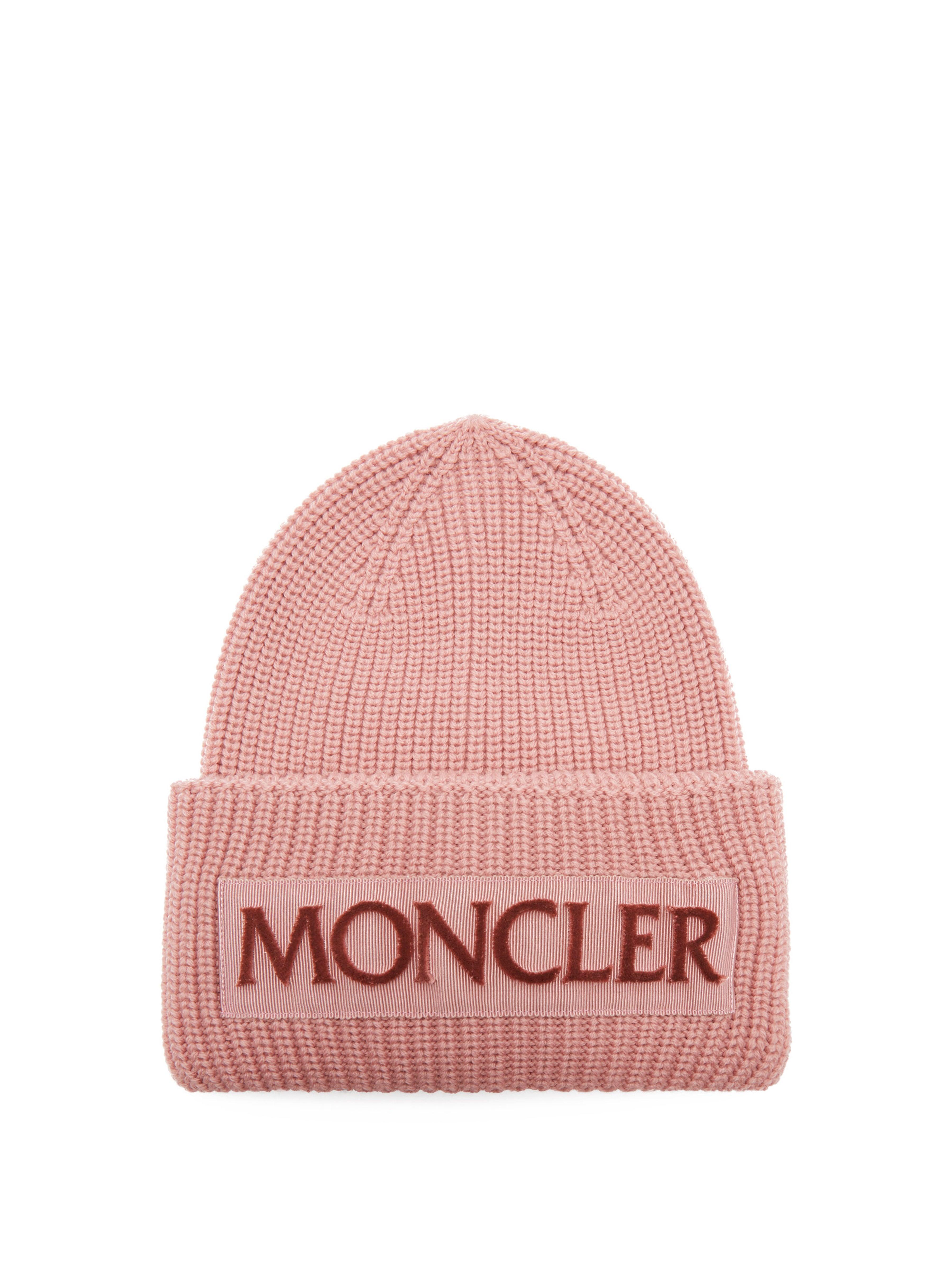 Moncler Velvet-logo Wool Beanie Hat in Light Pink (Pink) - Lyst