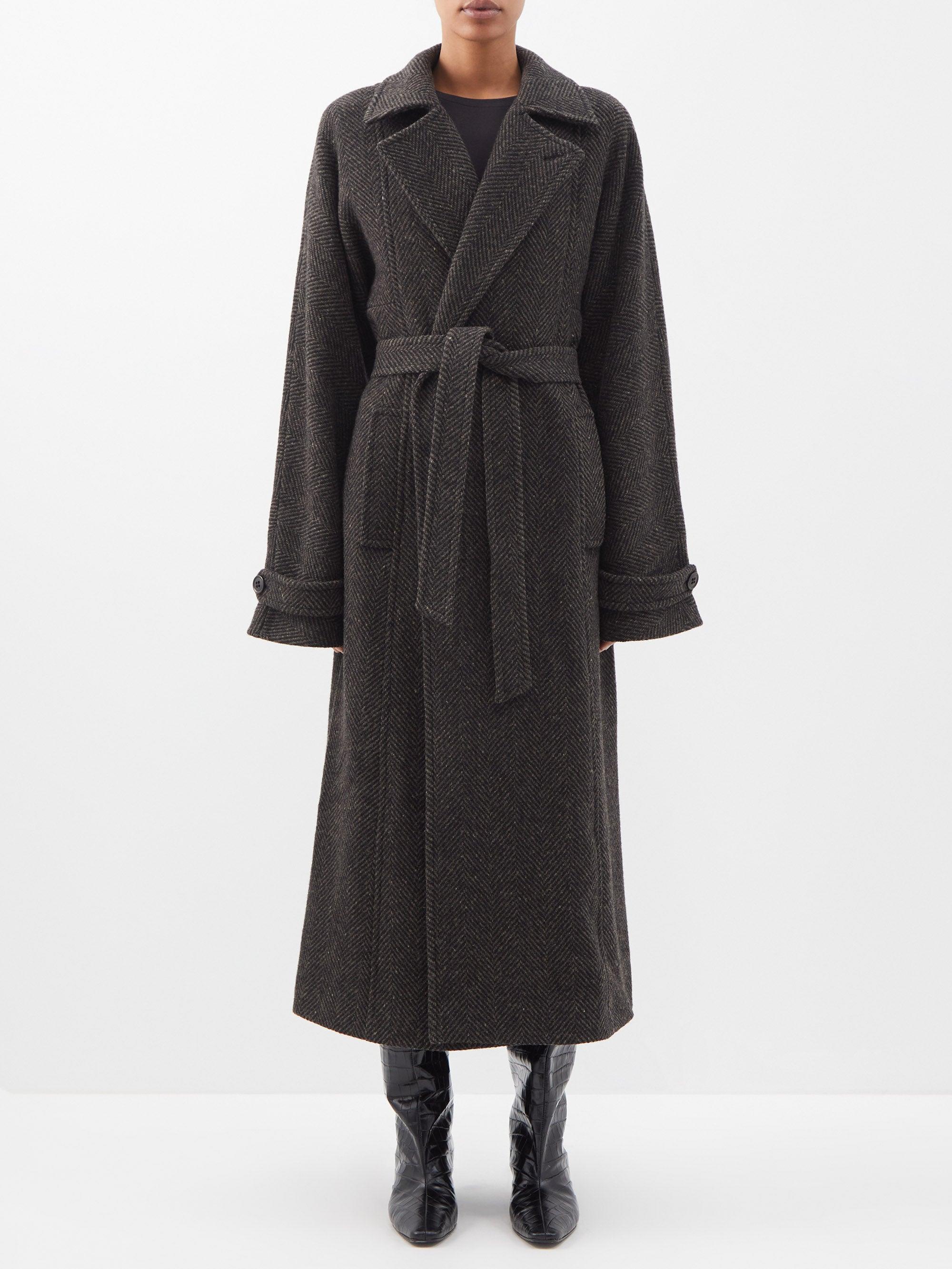 Raey Oversized Belted Herringbone Wool Coat in Black | Lyst UK