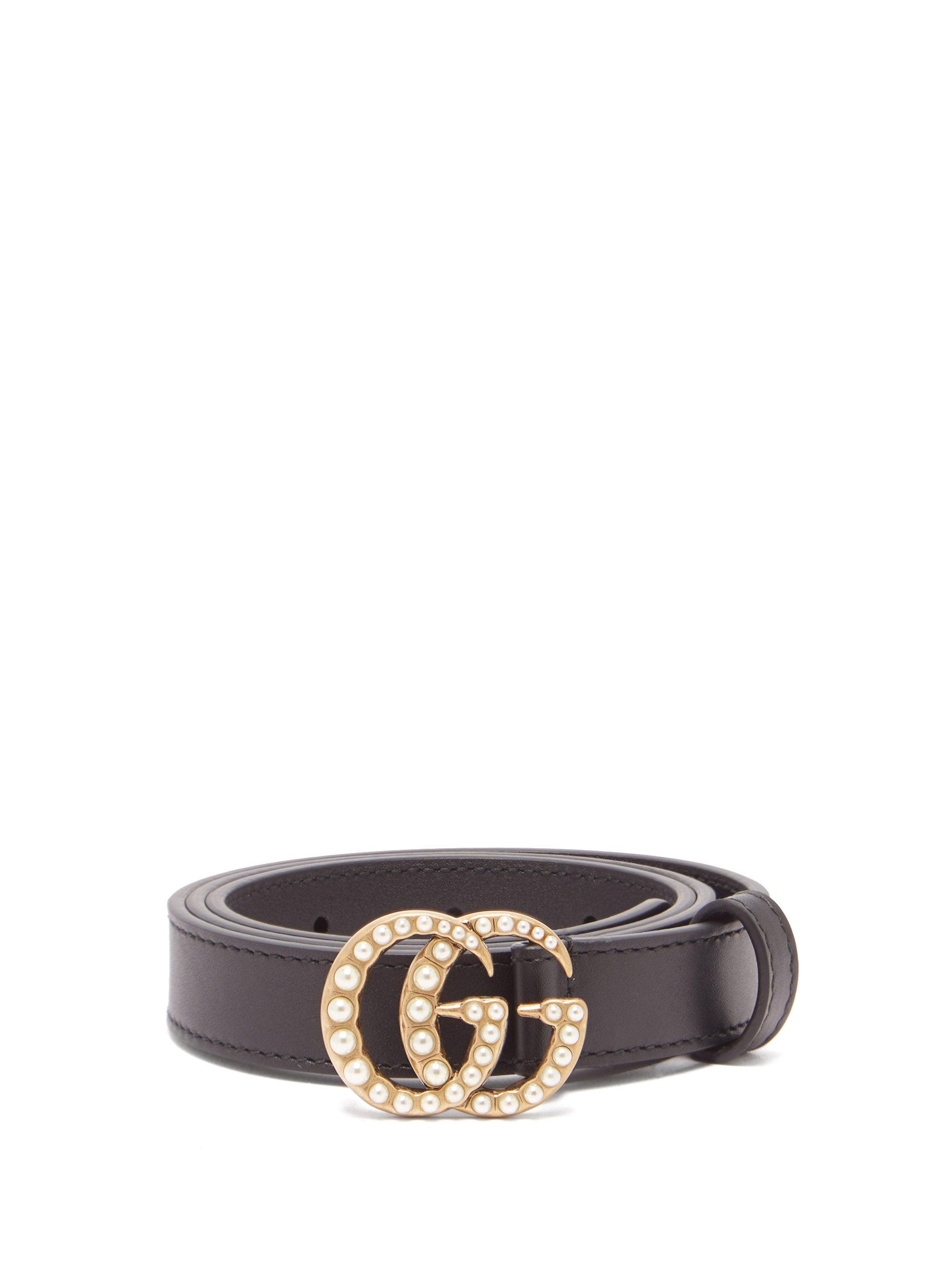 Gucci Leather Belt With Pearl Double G Buckle in Black - Save 63% - Lyst