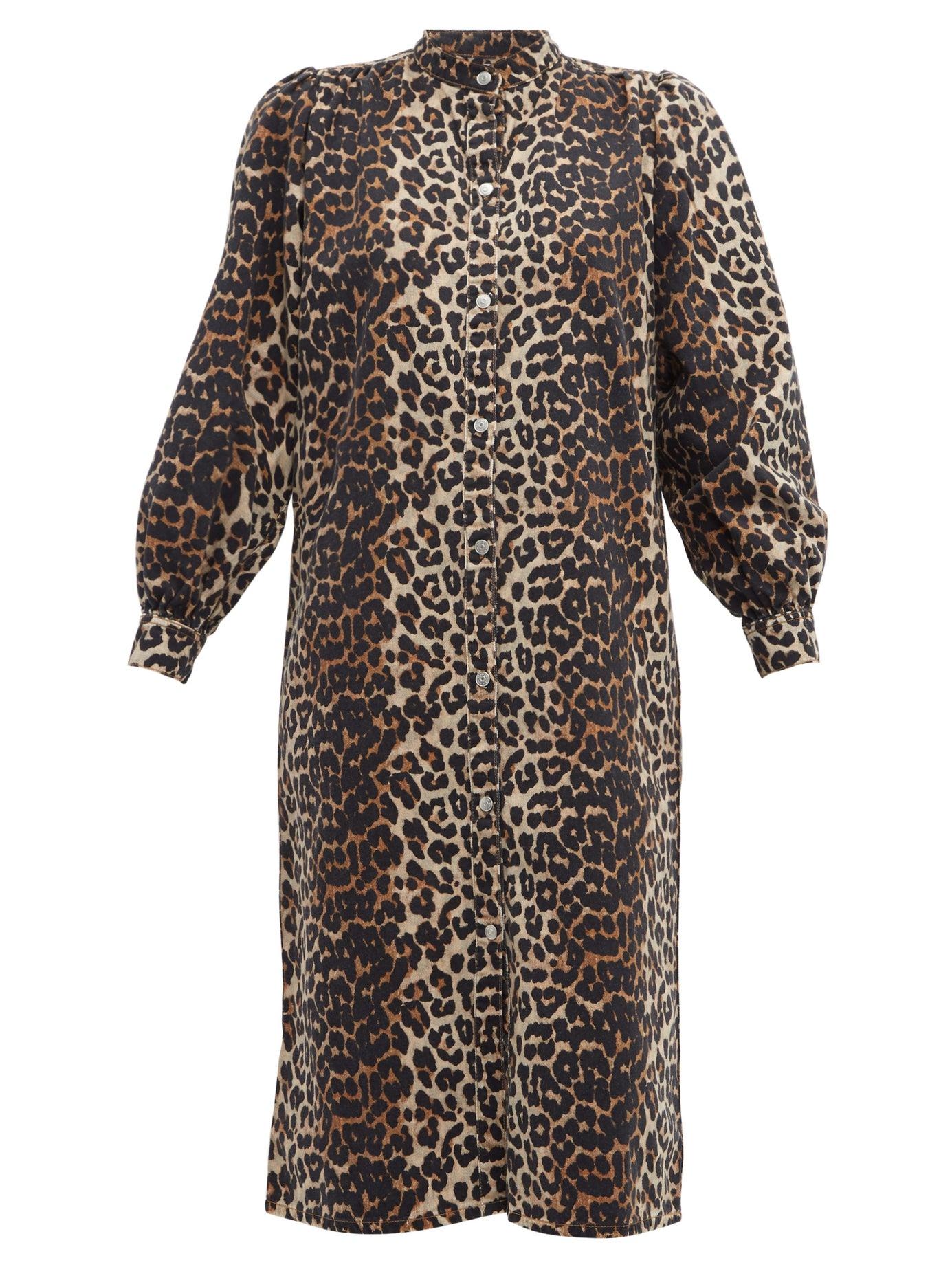 Ganni Leopard-print Denim Dress - Lyst