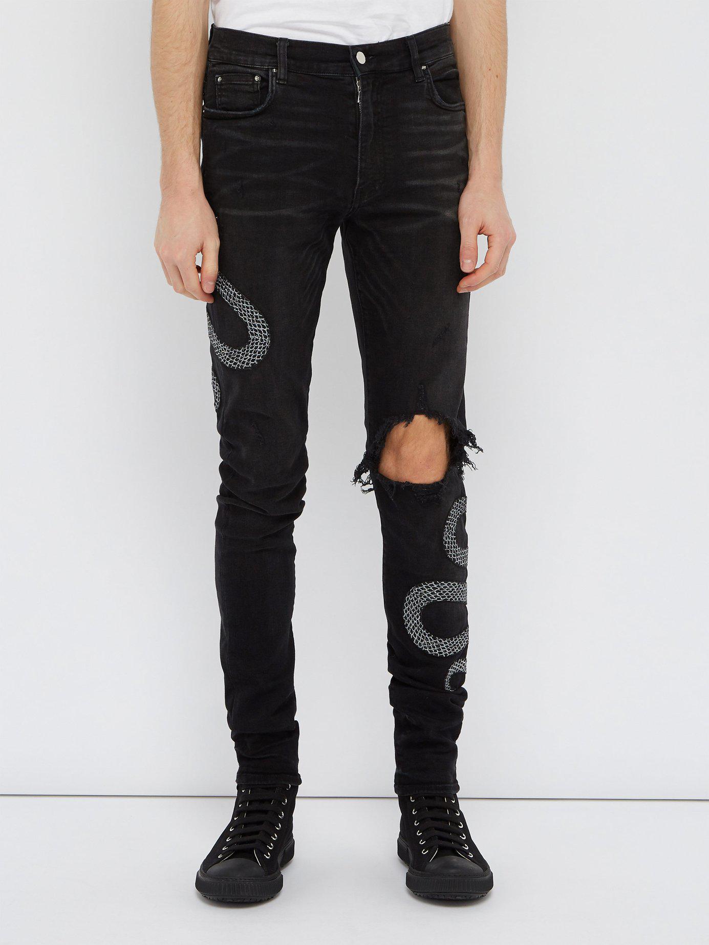 Amiri Snake Embroidered Distressed Skinny Jeans in Black for Men | Lyst