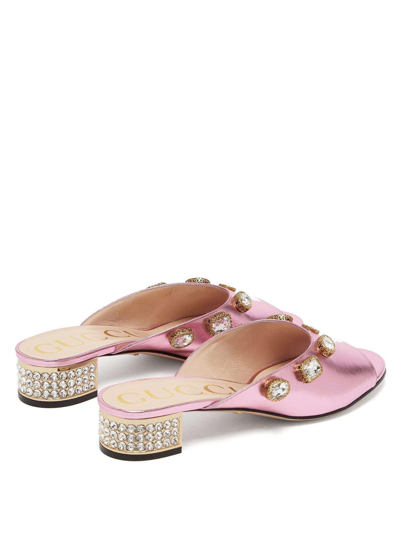 Gucci Lyric Crystal Embellished Leather Mules in Pink | Lyst