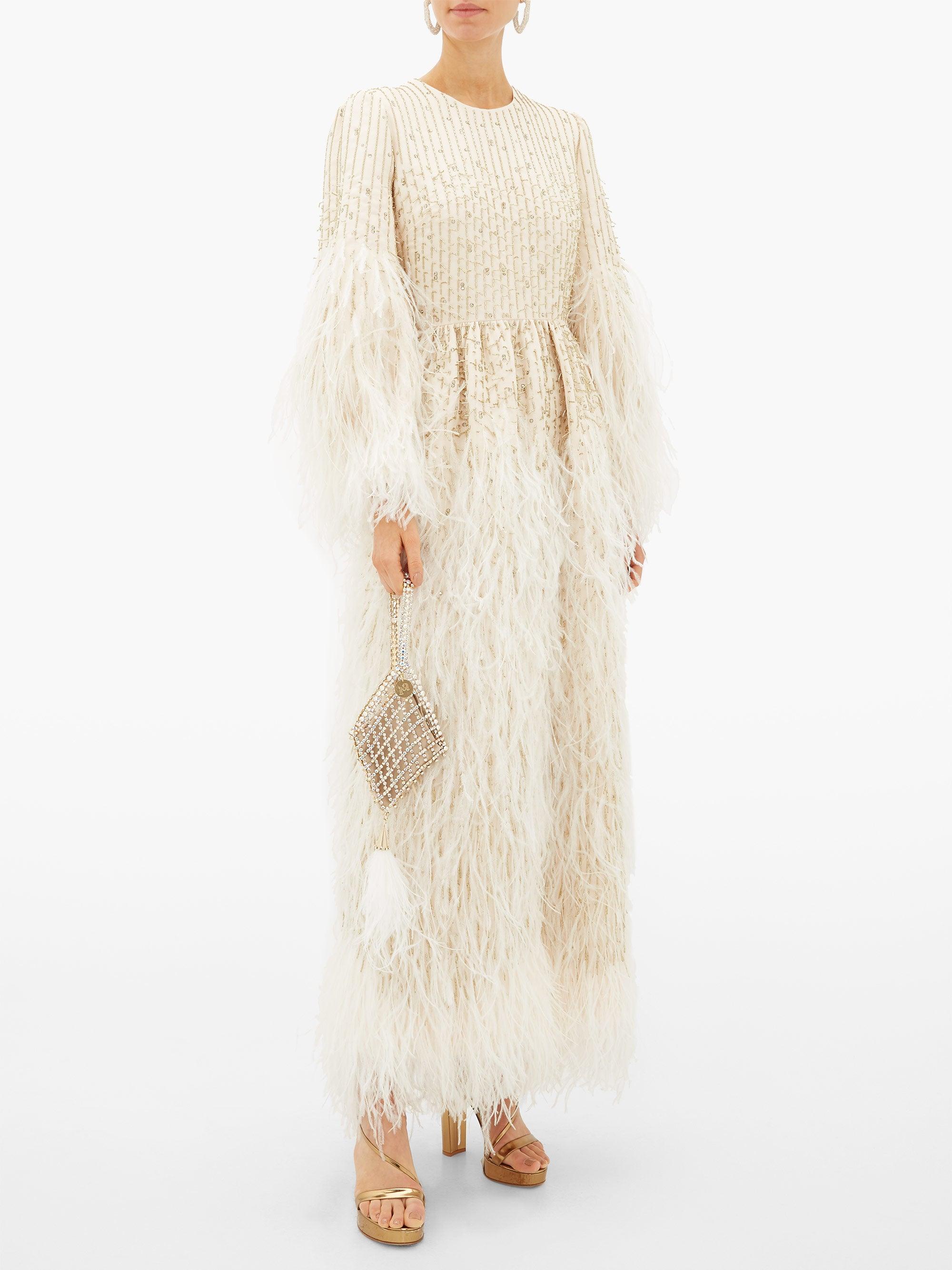 Valentino Feather-trimmed Beaded Wool-blend Gown | Lyst