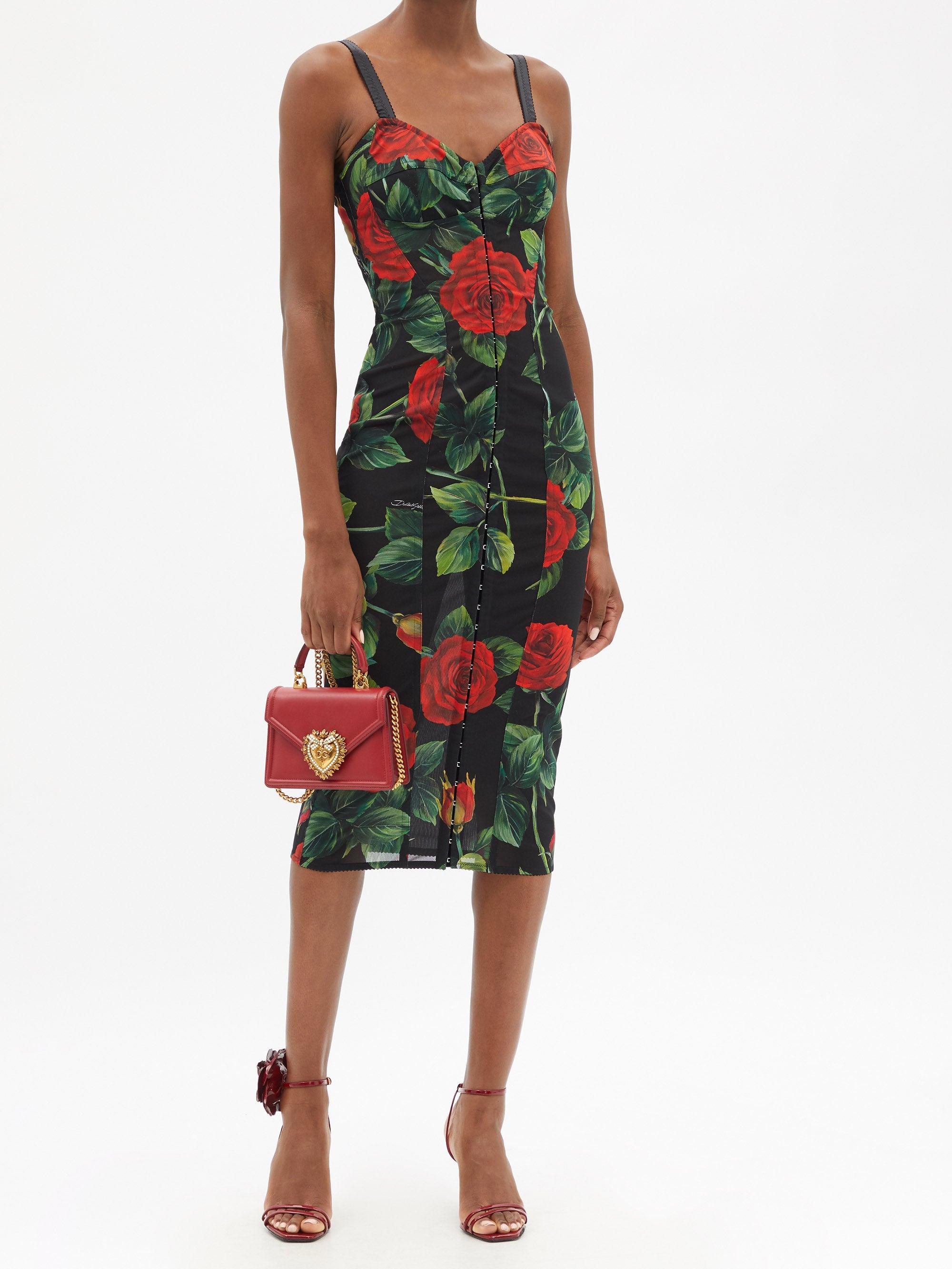 Dolce & Gabbana Bustier-bodice Rose-print Midi Dress | Lyst