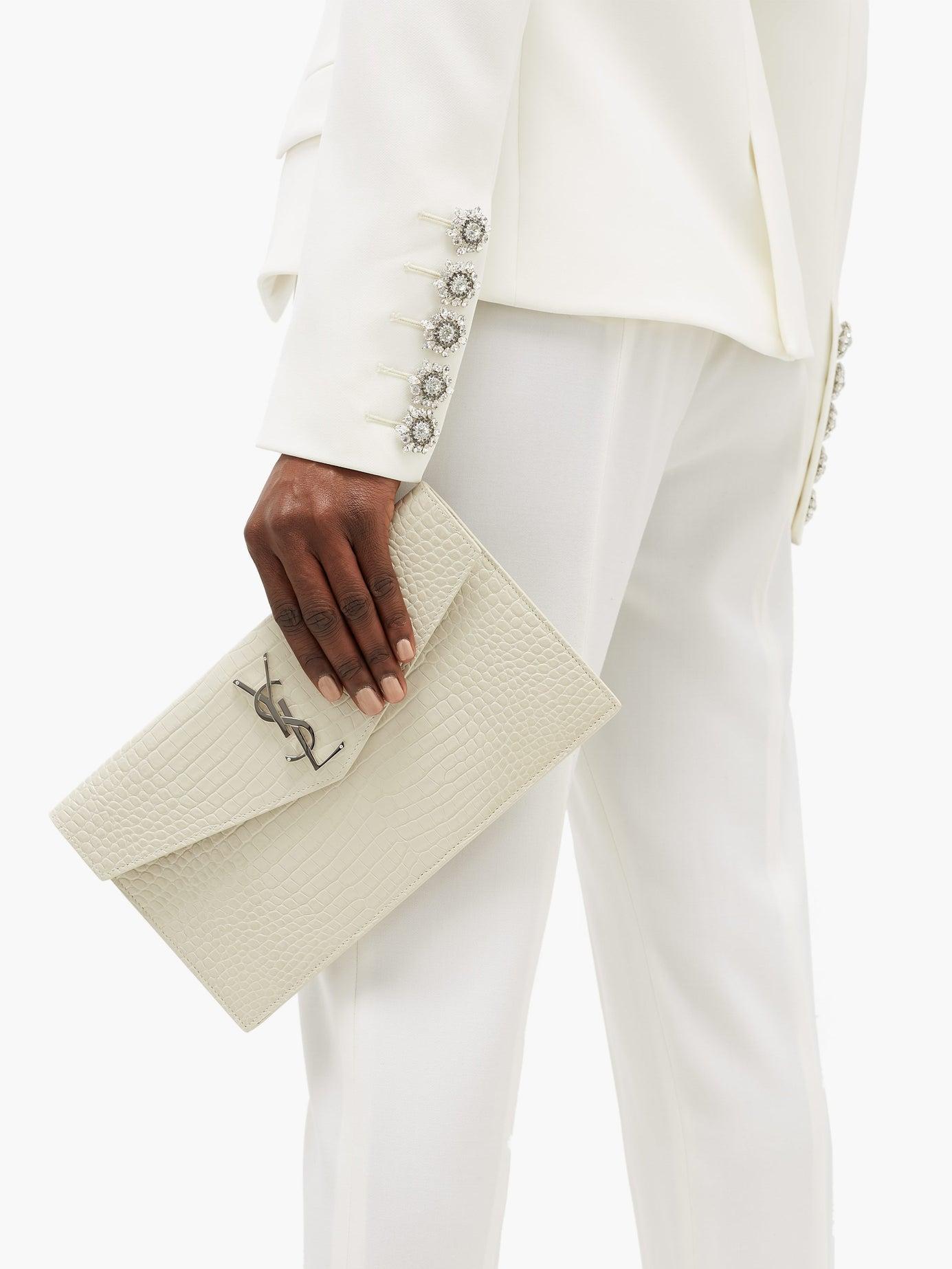 Saint Laurent Uptown Ysl-plaque Croc-effect Leather Pouch in White