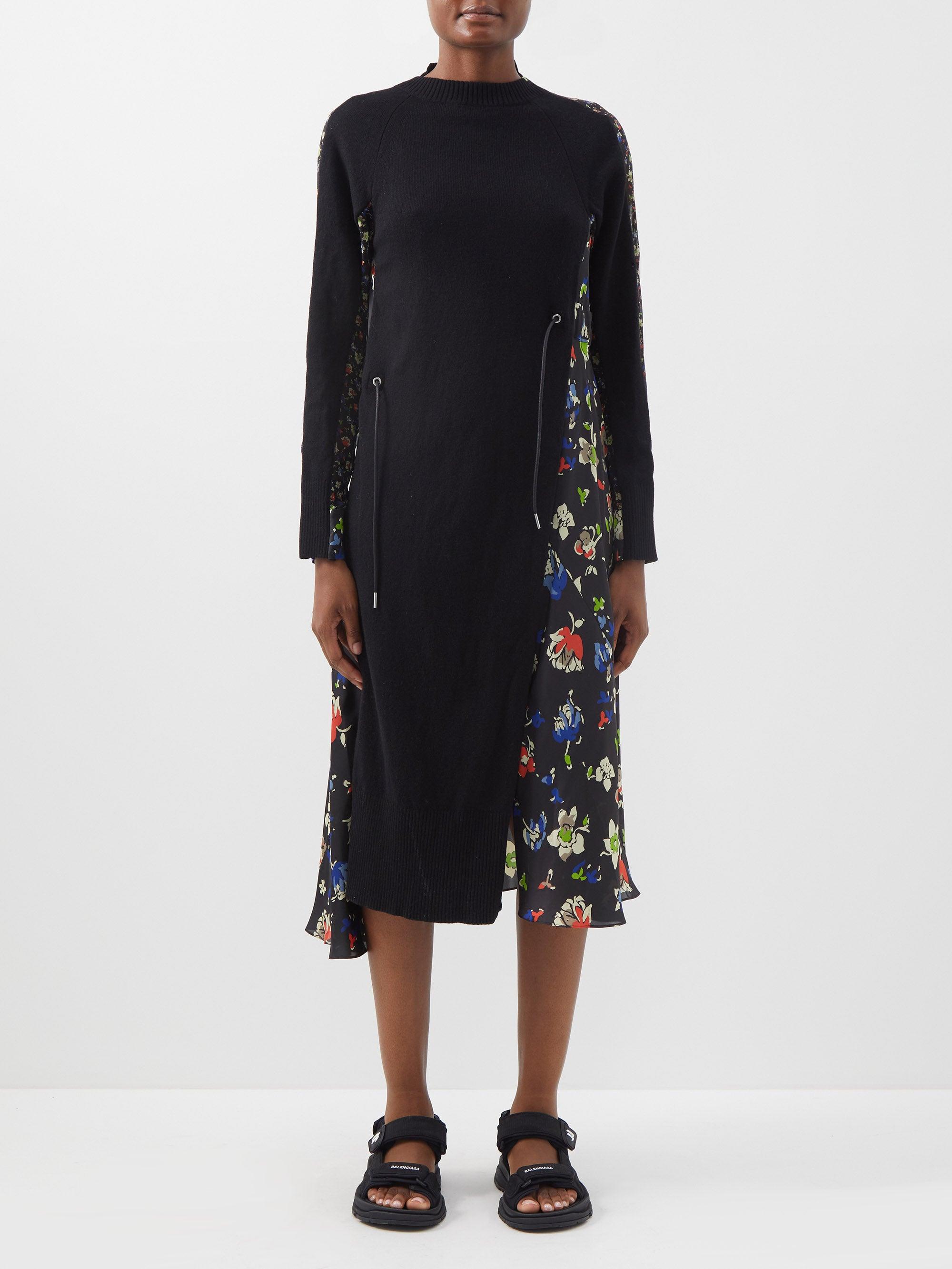 Sacai Sweater-panel Floral-print Midi Dress in Black | Lyst