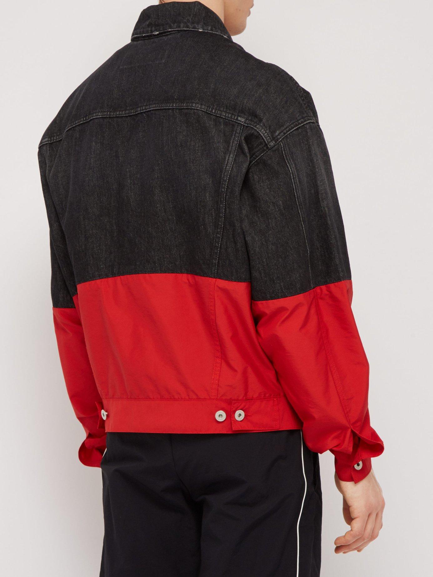 half black half red denim jacket