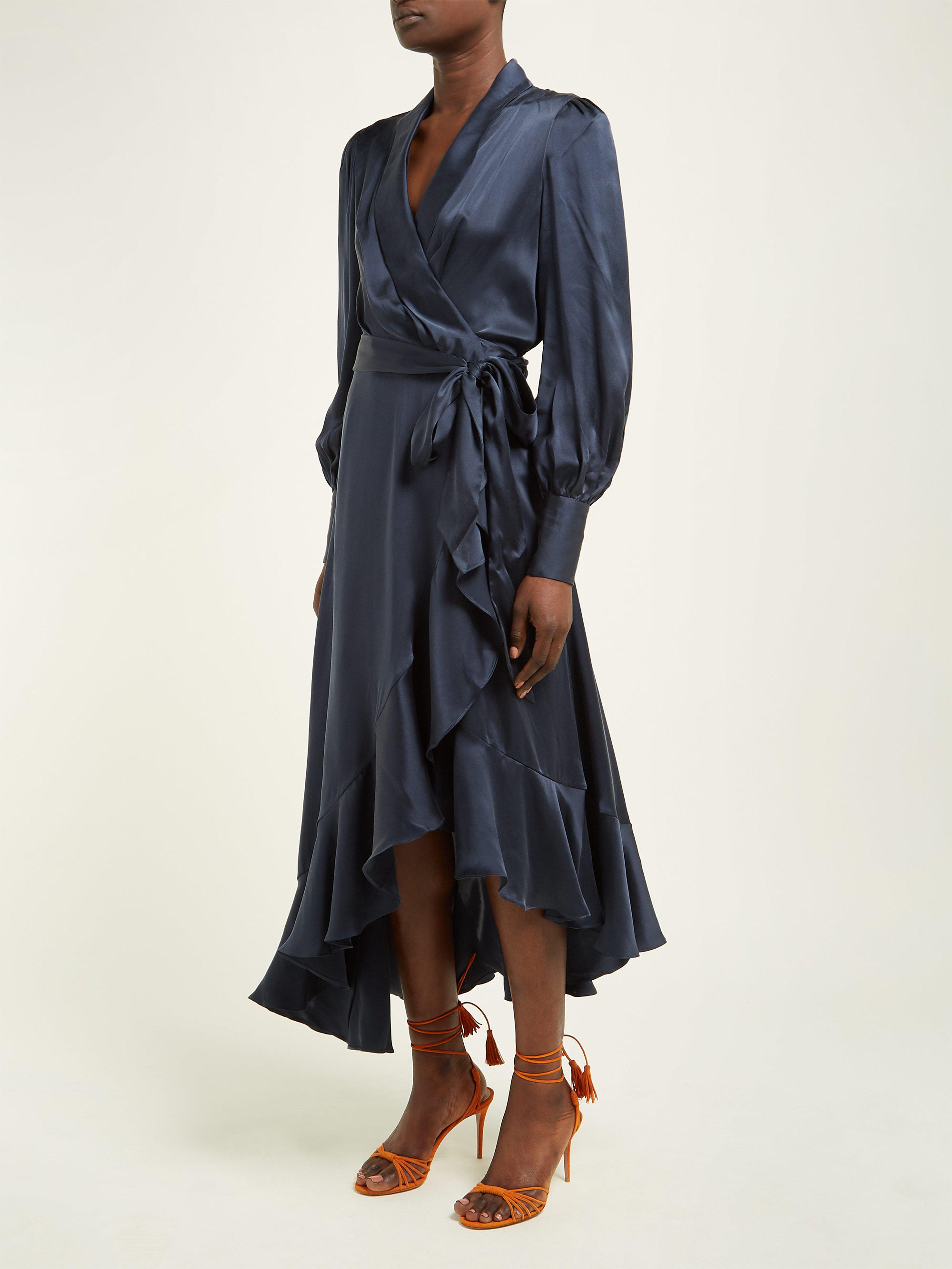 Zimmermann Asymmetric Hem Silk Satin Wrap Dress in Navy (Blue) Lyst