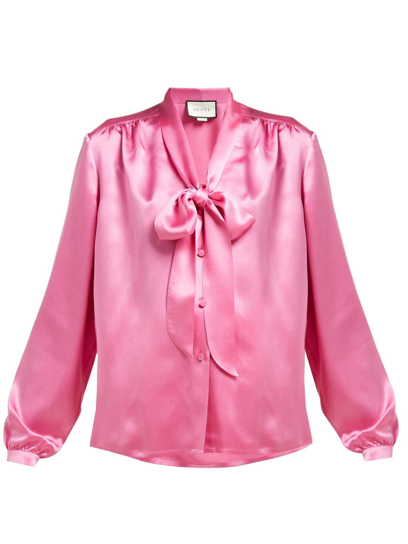 Gucci Tie Neck Silk Satin Blouse In Pink Lyst