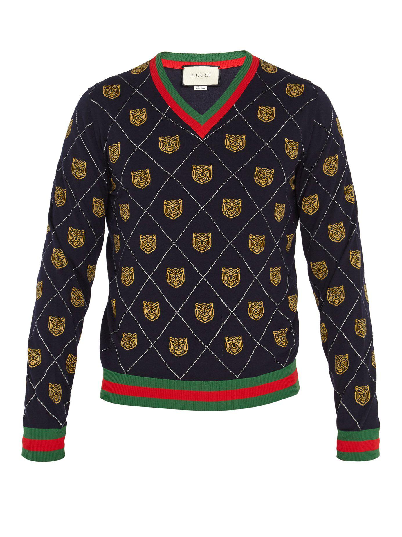 Gucci Tiger-intarsia Wool Sweater in Blue for Men | Lyst