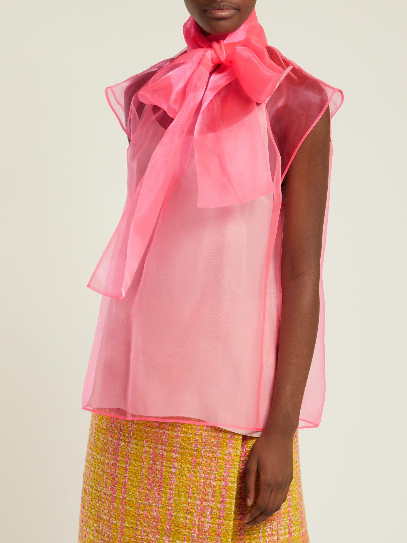 Prada Silk Tie Neck Organza Top in Pink Lyst