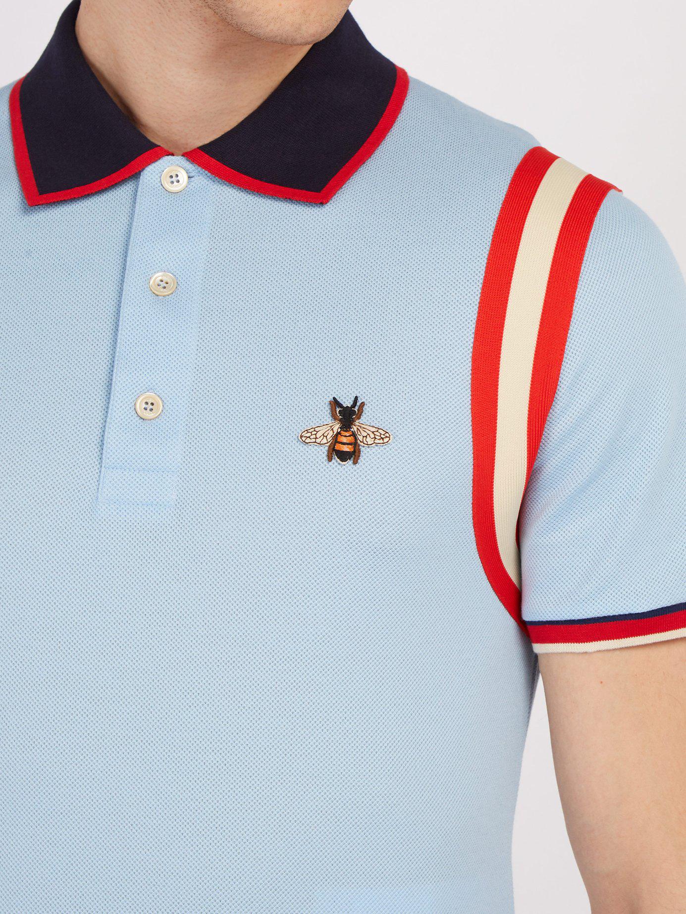 Gucci Bee Embroidered Cotton Piqué Polo Shirt in Blue for Men | Lyst