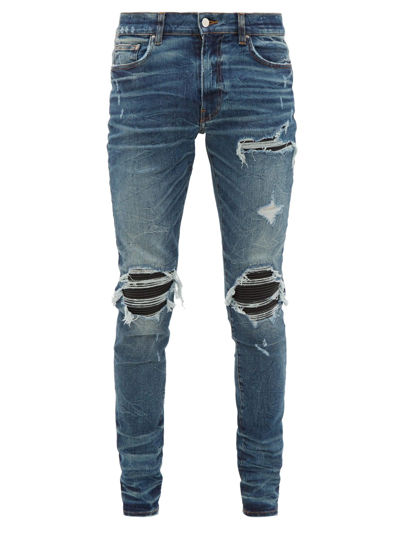 Amiri Mx1 Leather-panel Distressed Skinny-leg Jeans in Indigo (Blue ...
