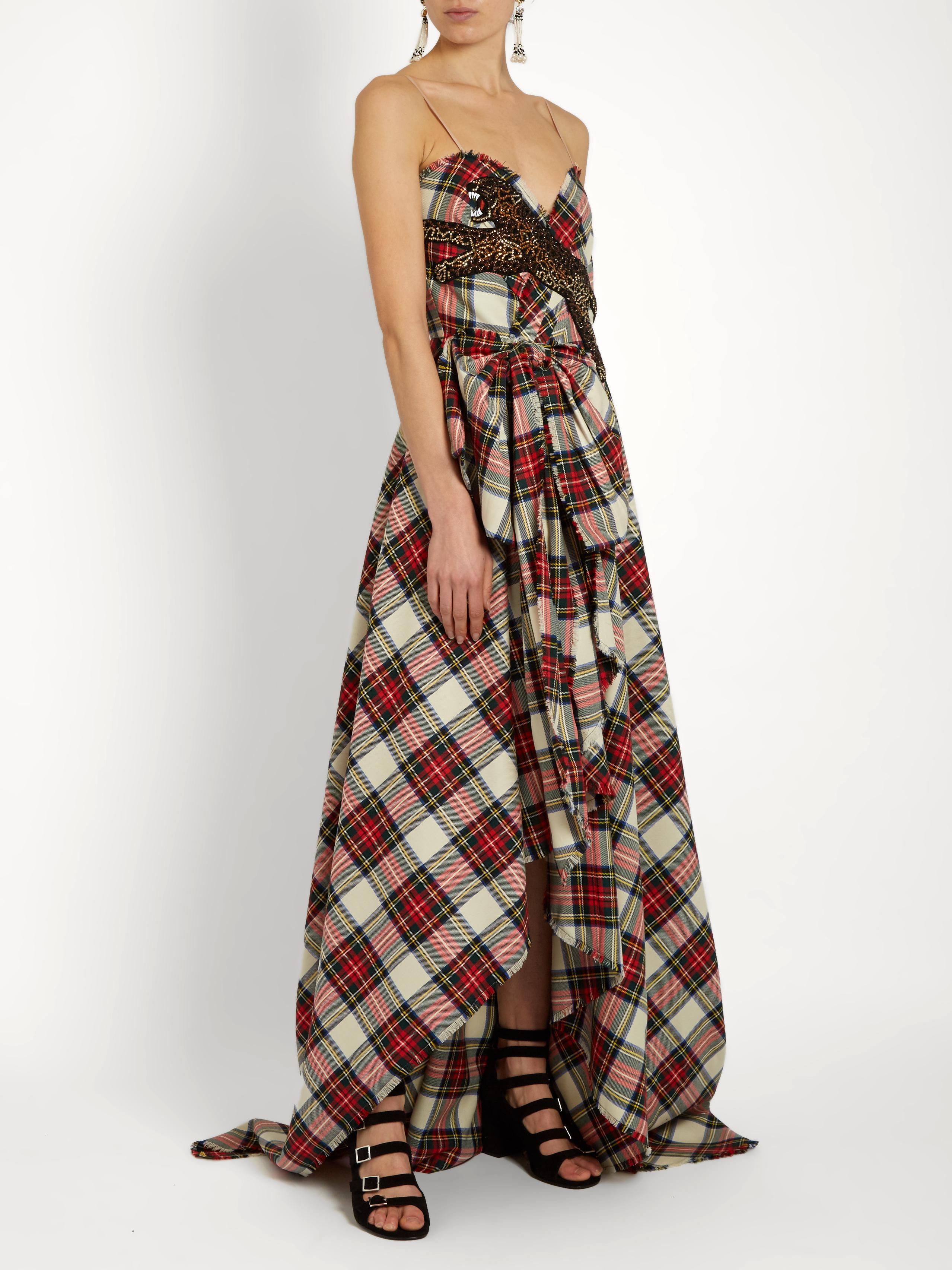 Gucci Leopard-appliqué Wool Tartan Gown | Lyst
