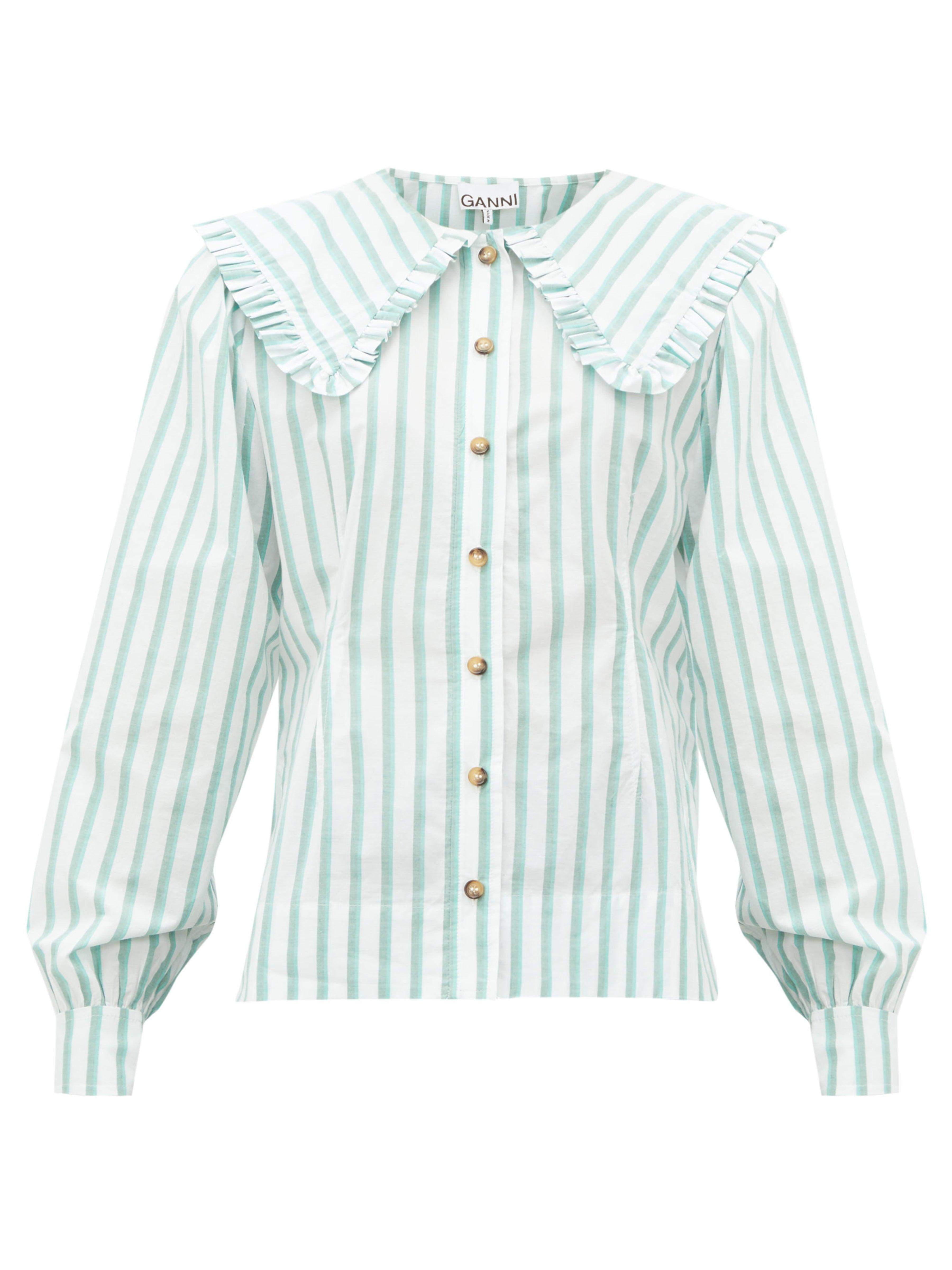 Ganni Ruffled Collar Striped Cotton 