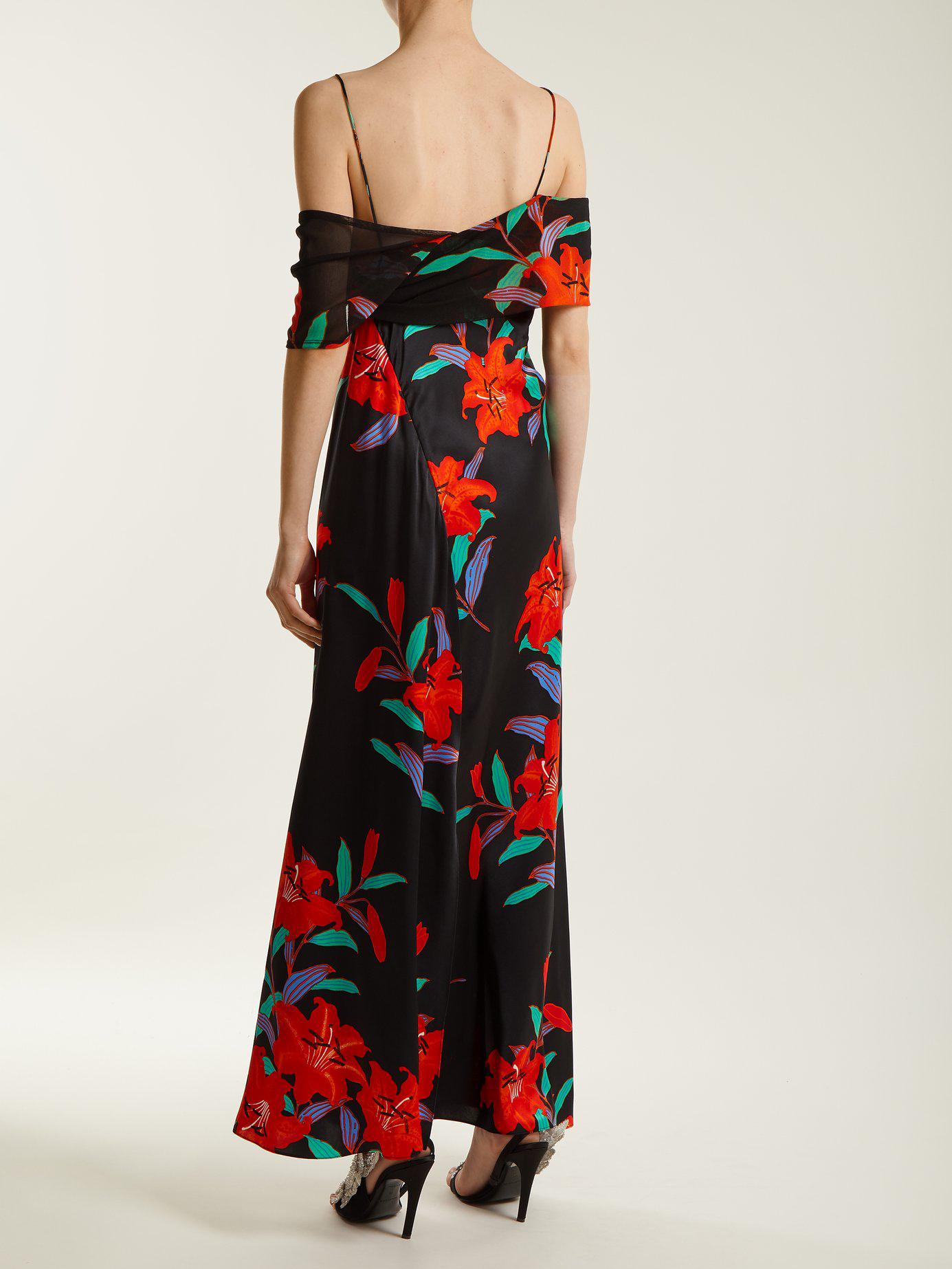 Diane von Furstenberg Argos Floral Print Silk Satin Dress in Black