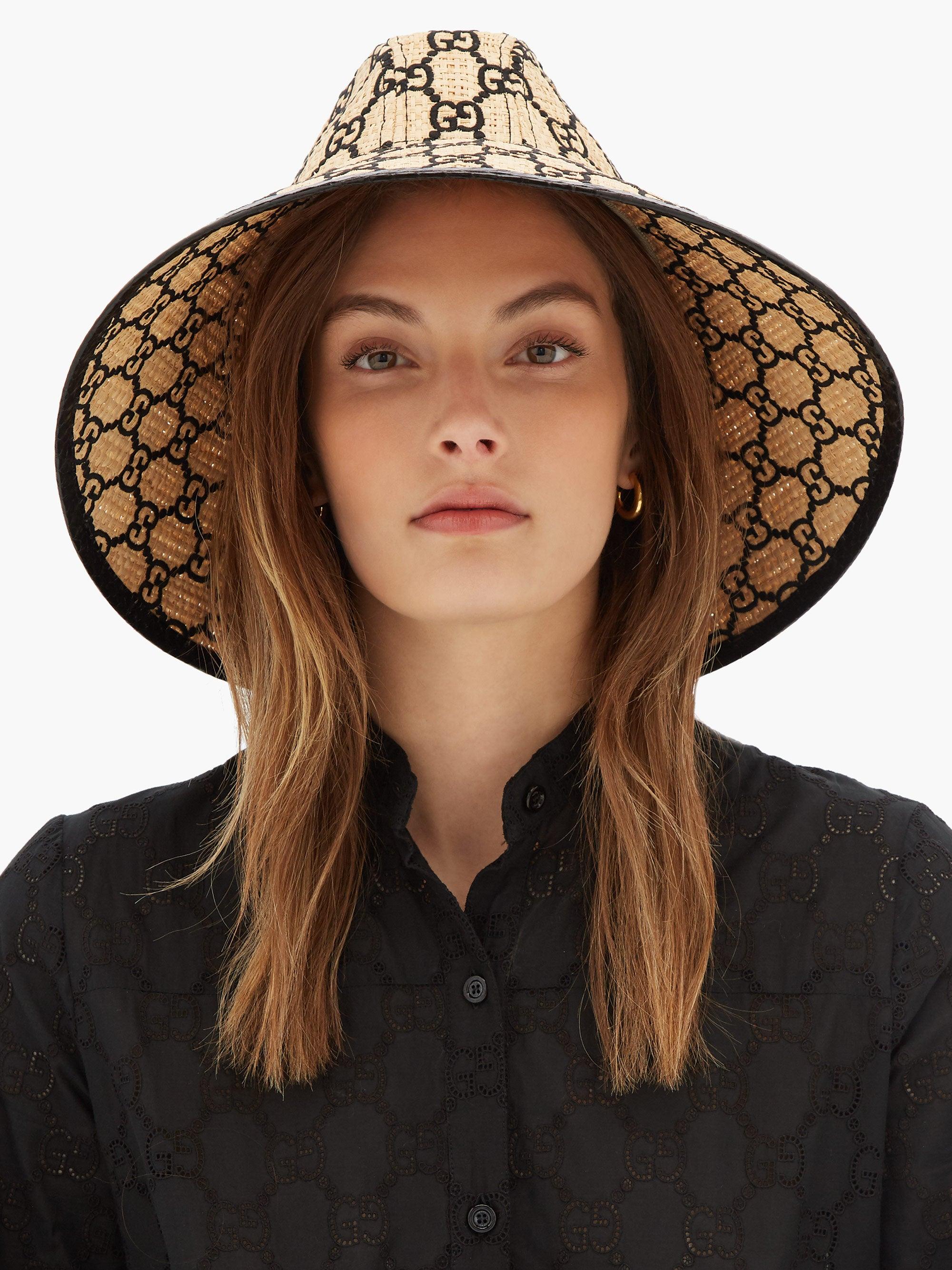 Gucci GG-embroidered Snakeskin-trim Raffia Hat in Black | Lyst